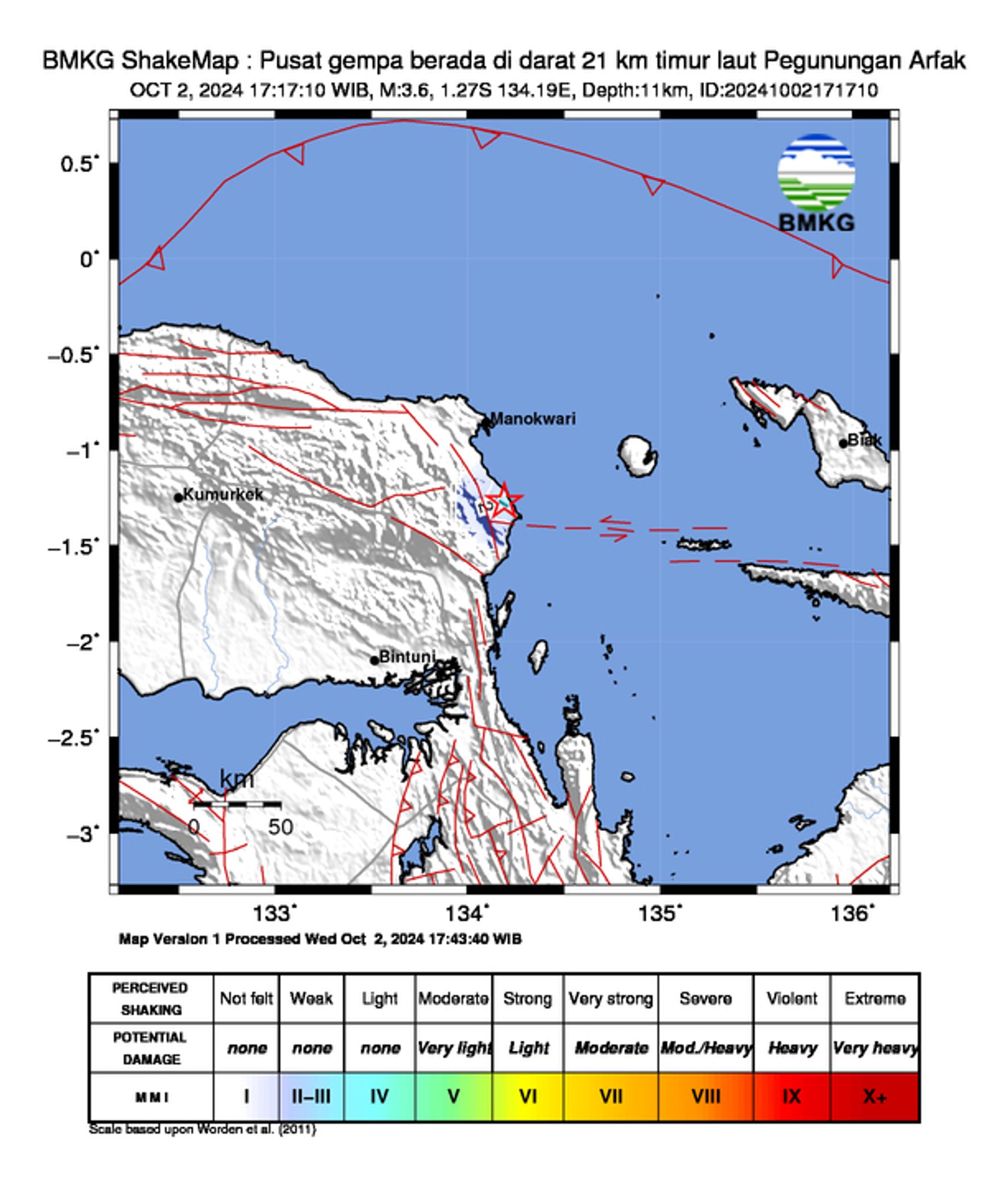 informasi gempa: Pusat gempa berada di darat 21 km timur laut Pegunungan Arfak