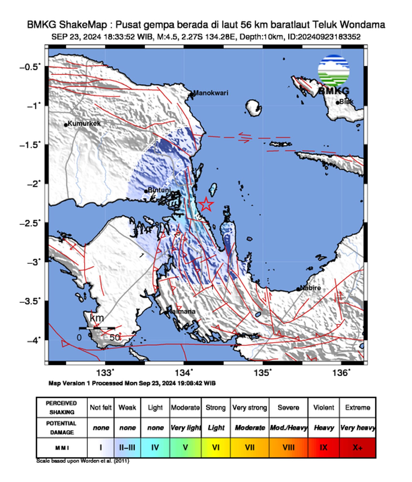 informasi gempa: Pusat gempa berada di laut 56 km baratlaut Teluk Wondama