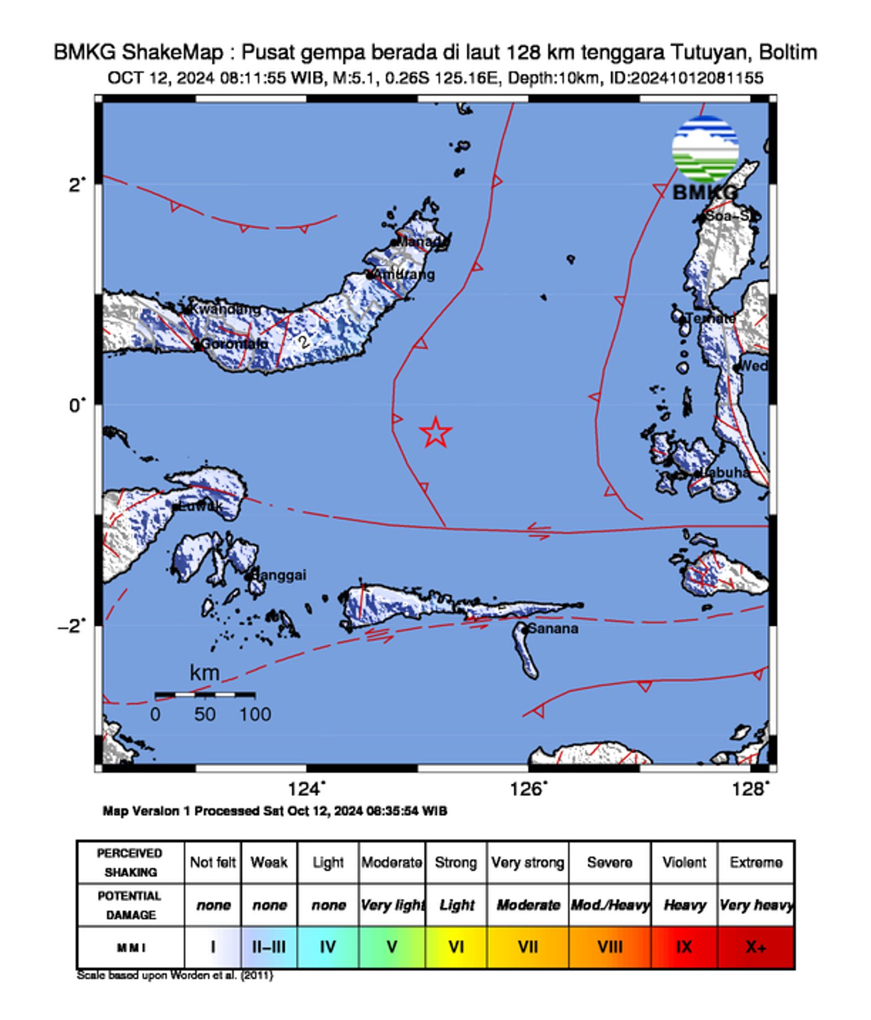 informasi gempa: Pusat gempa berada di laut 128 km tenggara Tutuyan, Boltim