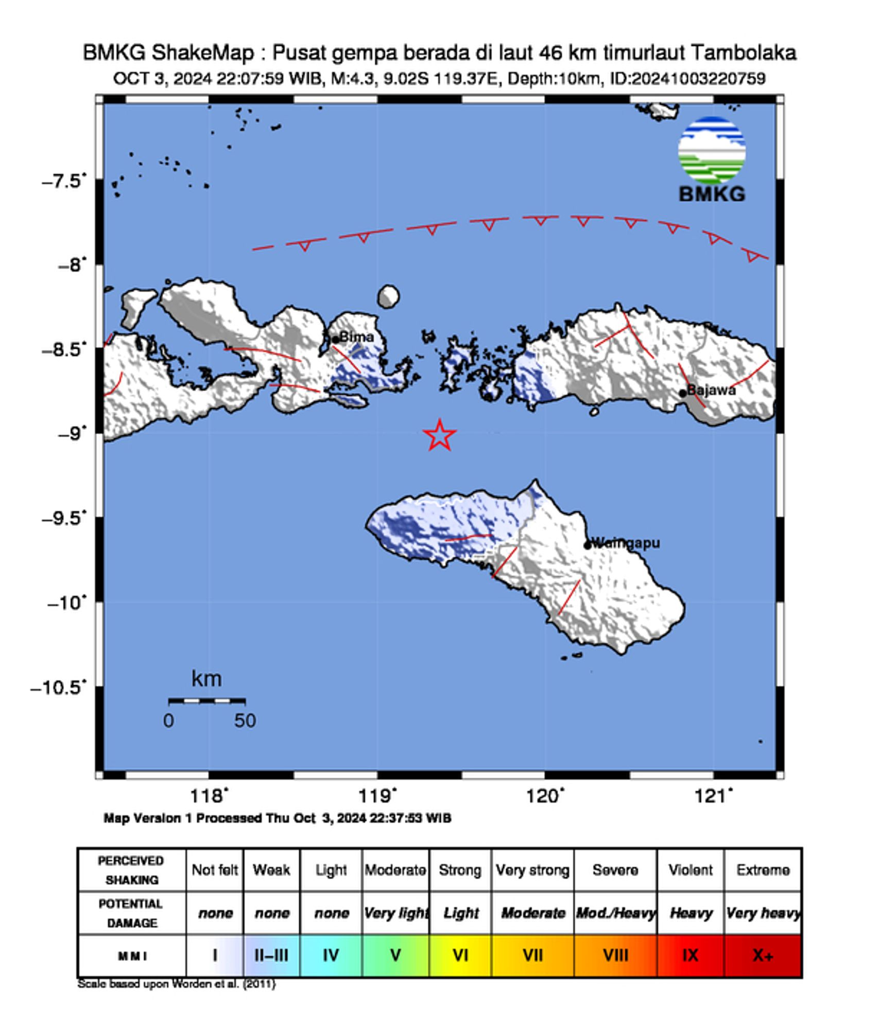 informasi gempa: Pusat gempa berada di laut 46 km timurlaut Tambolaka