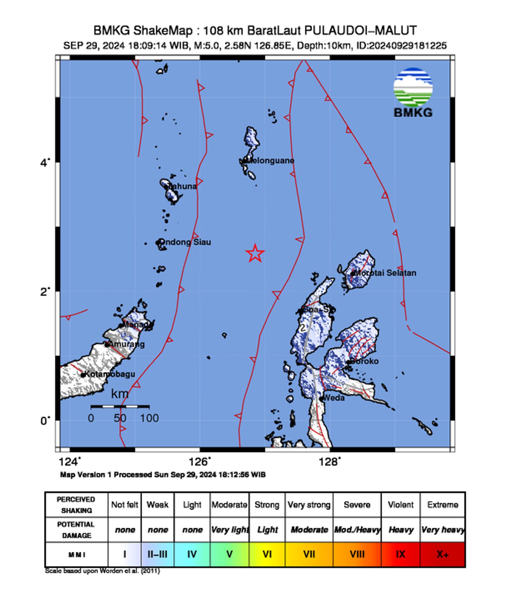 informasi gempa: 108 km BaratLaut PULAUDOI-MALUT