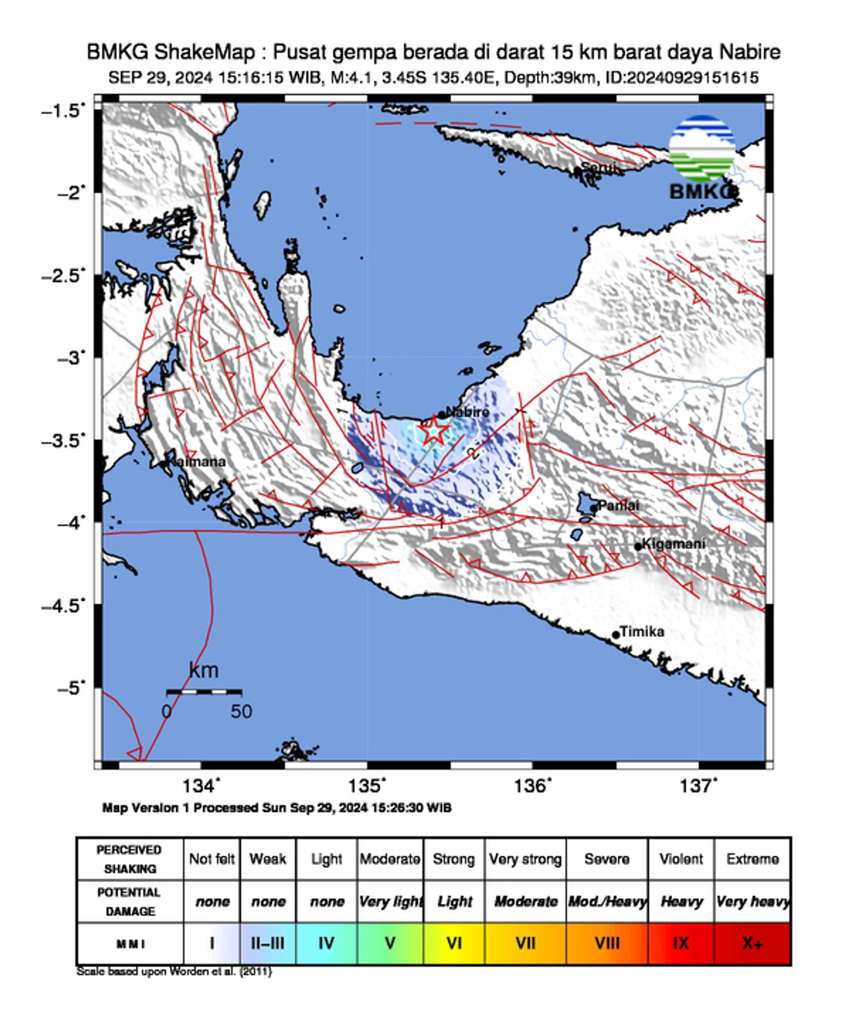 informasi gempa: Pusat gempa berada di darat 15 km barat daya Nabire