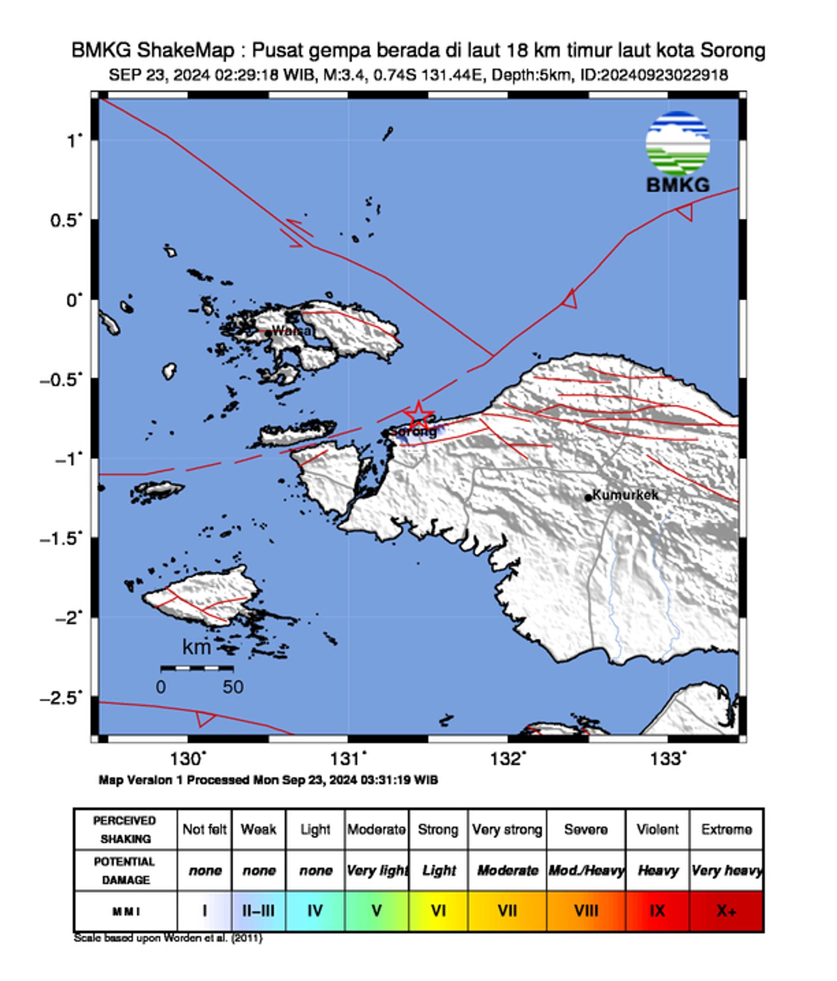 informasi gempa: Pusat gempa berada di laut 18 km timur laut kota Sorong