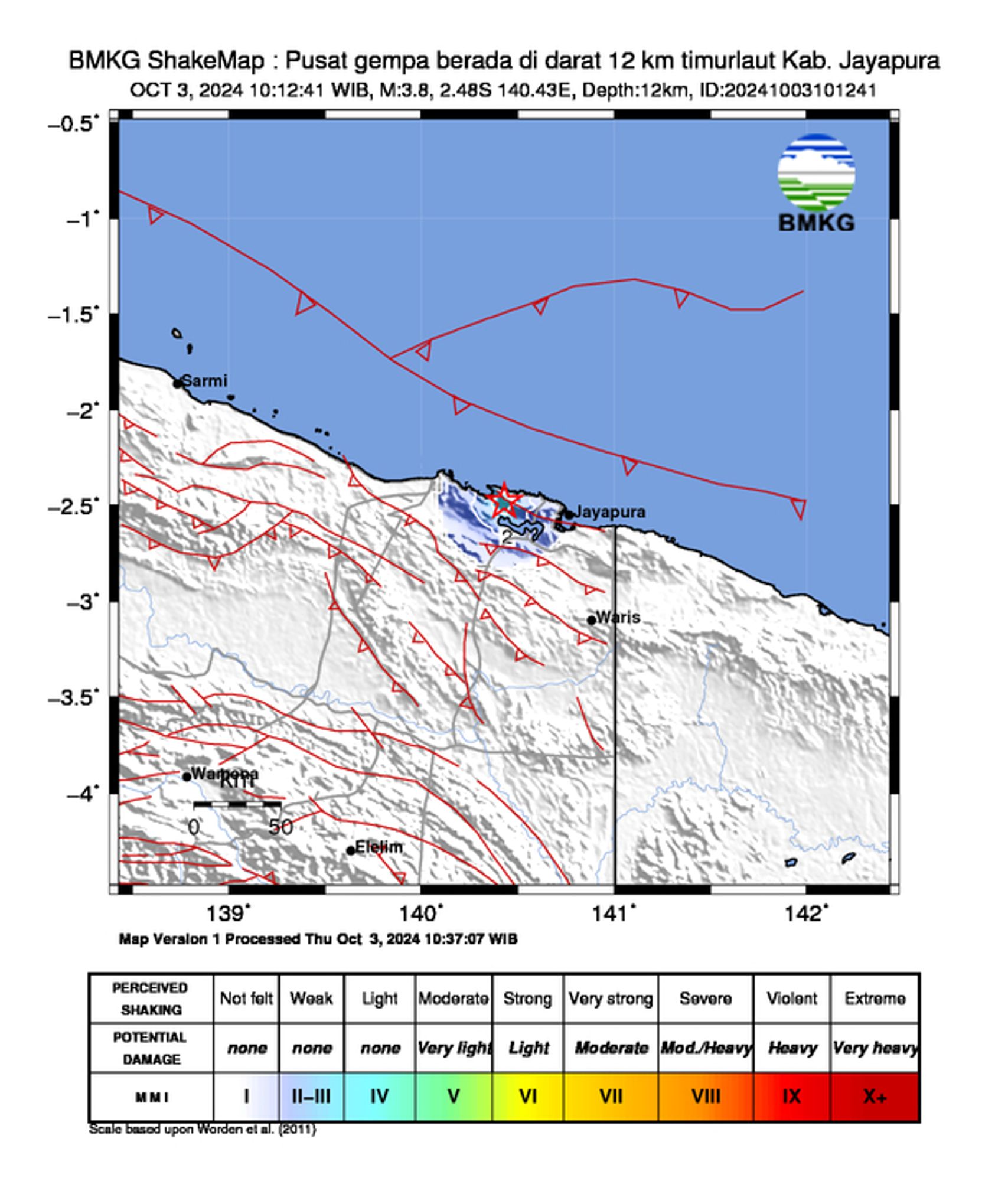 informasi gempa: Pusat gempa berada di darat 12 km timurlaut Kab. Jayapura