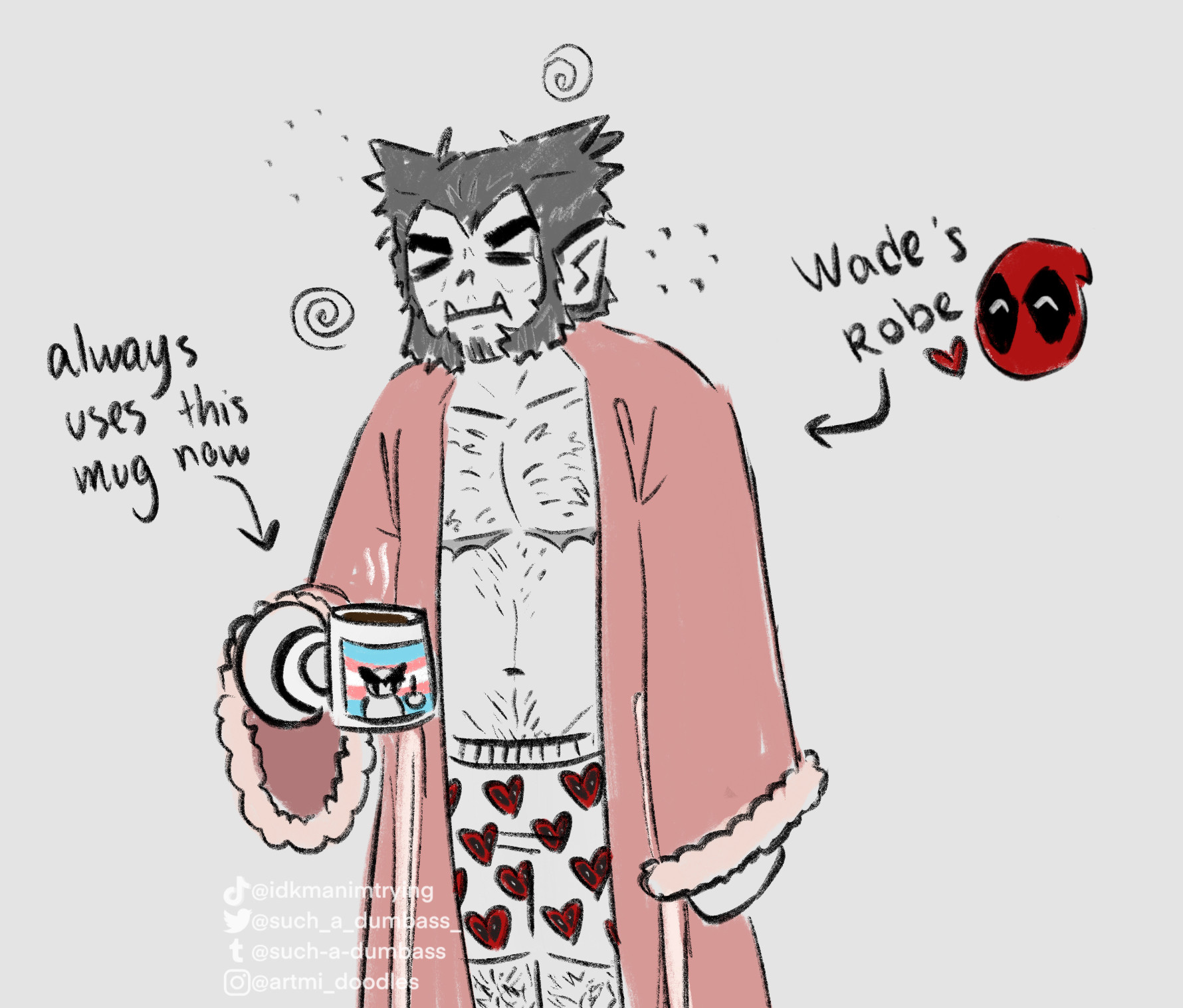 Text reads: always uses this mug now
and
wade’s robe 