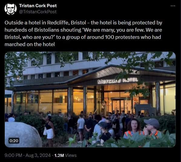 "Outside a hotel in Redcliffe, Bristol - the hotel is being protected by hundreds of Bristoliams shouting "We are many, you ate few. We are Bristol, who are you?" To a group of around 200 protectors who had marched on the hotel".
For context, asylum seekers are being housed at the hotel and the anti-fascists have linked arms and formed a human chain to stop them getting in.