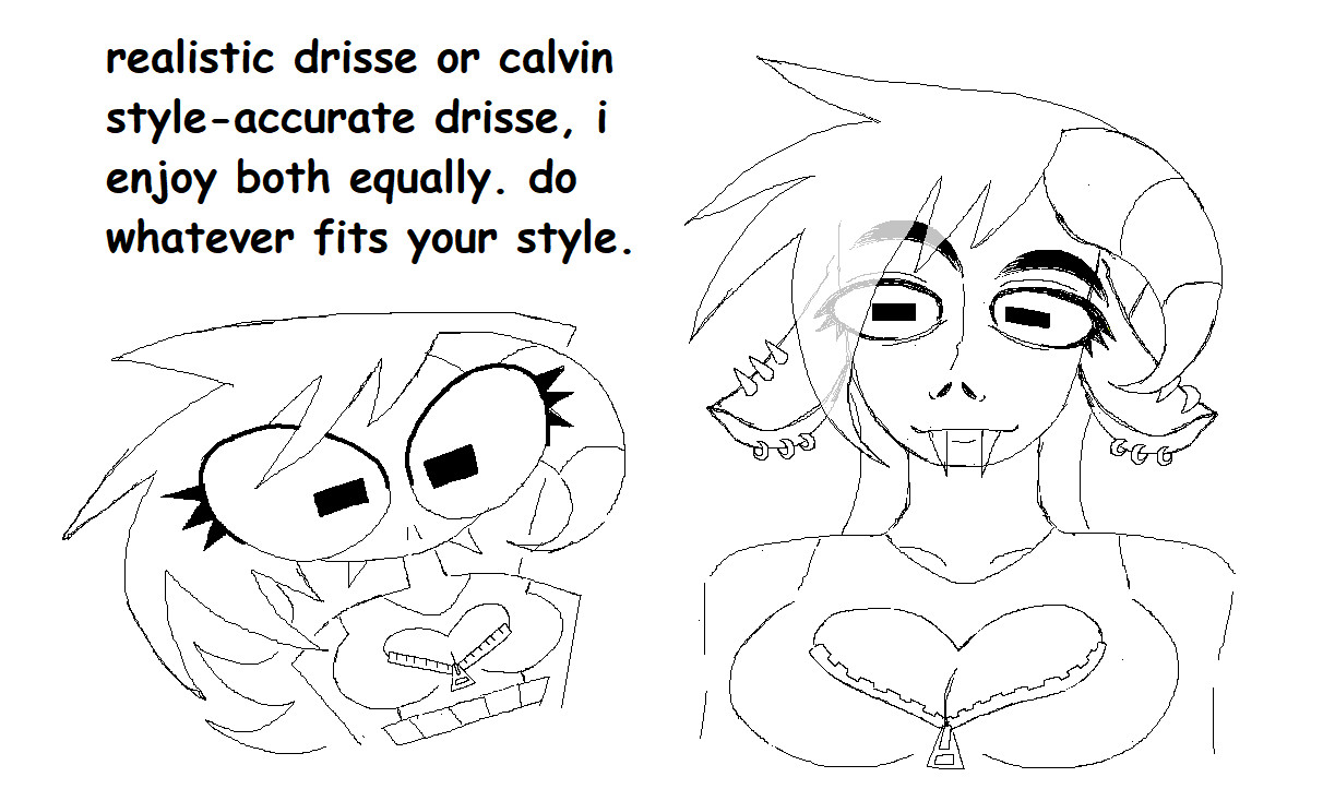 A MSPaint sketch depicting the same demon character drawn twice. The one on the left is drawn in a cartoon style, while the one on the right is drawn in a semi-realistic style. Text on the upper left reads: "realistic drisse or calvin style-accurate drisse, i enjoy both equally. do whatever fits your style."