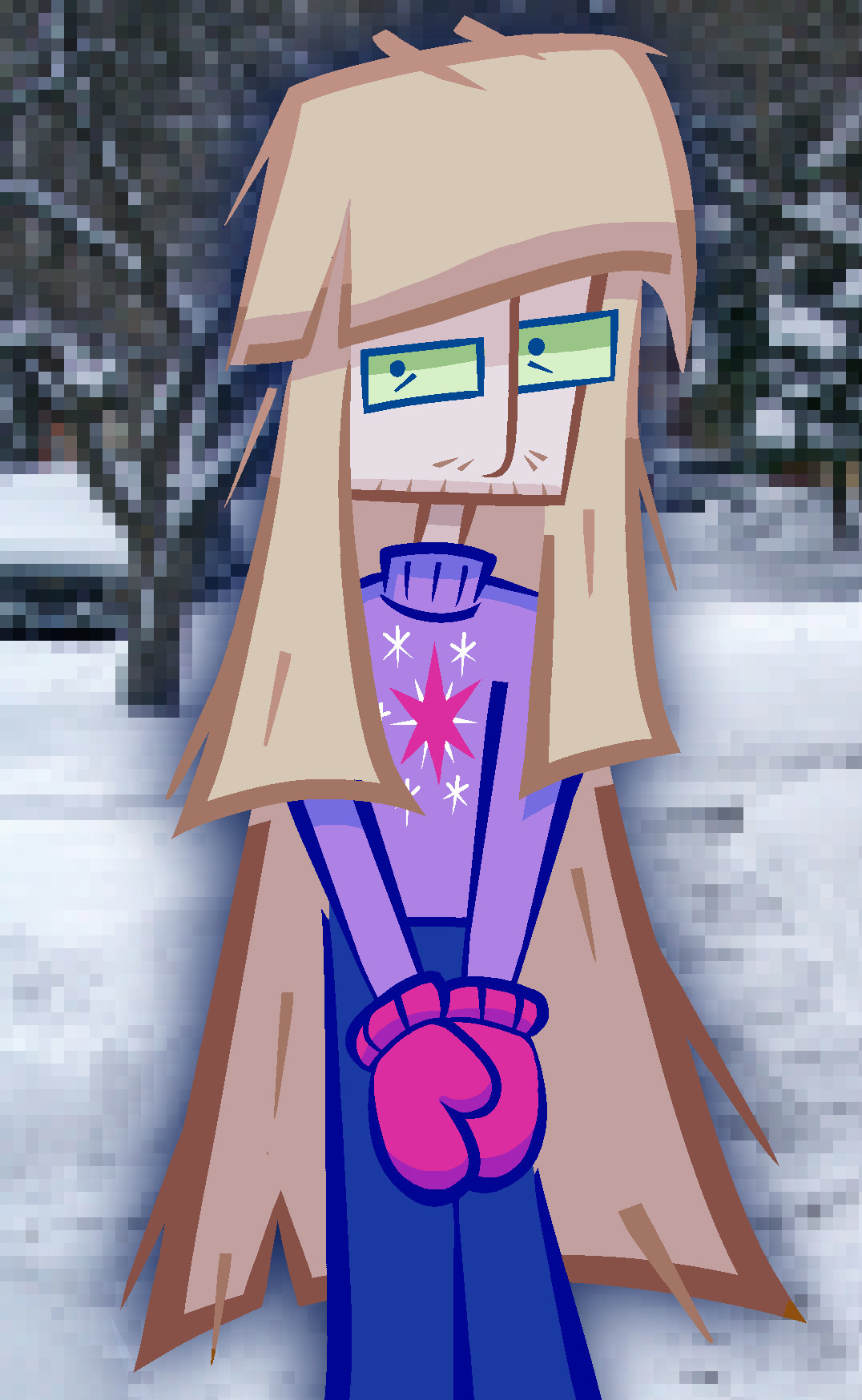 A digital drawing of a woman standing outside during a snowy day. She has pale skin, long, messy blonde hair, sparse facial hair, and is wearing green tinted glasses. She's wearing a purple sweater with a 6-pointed pink star surrounded by smaller white stars in the center. She's also wearing pink gloves and blue pants. The background is a real-life image of a snowy suburban landscape that's been edited to look pixelated. 