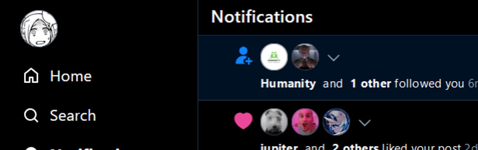 Print-screen of my notification feed showing an account named "Humanity" and that one 1 other account followed me