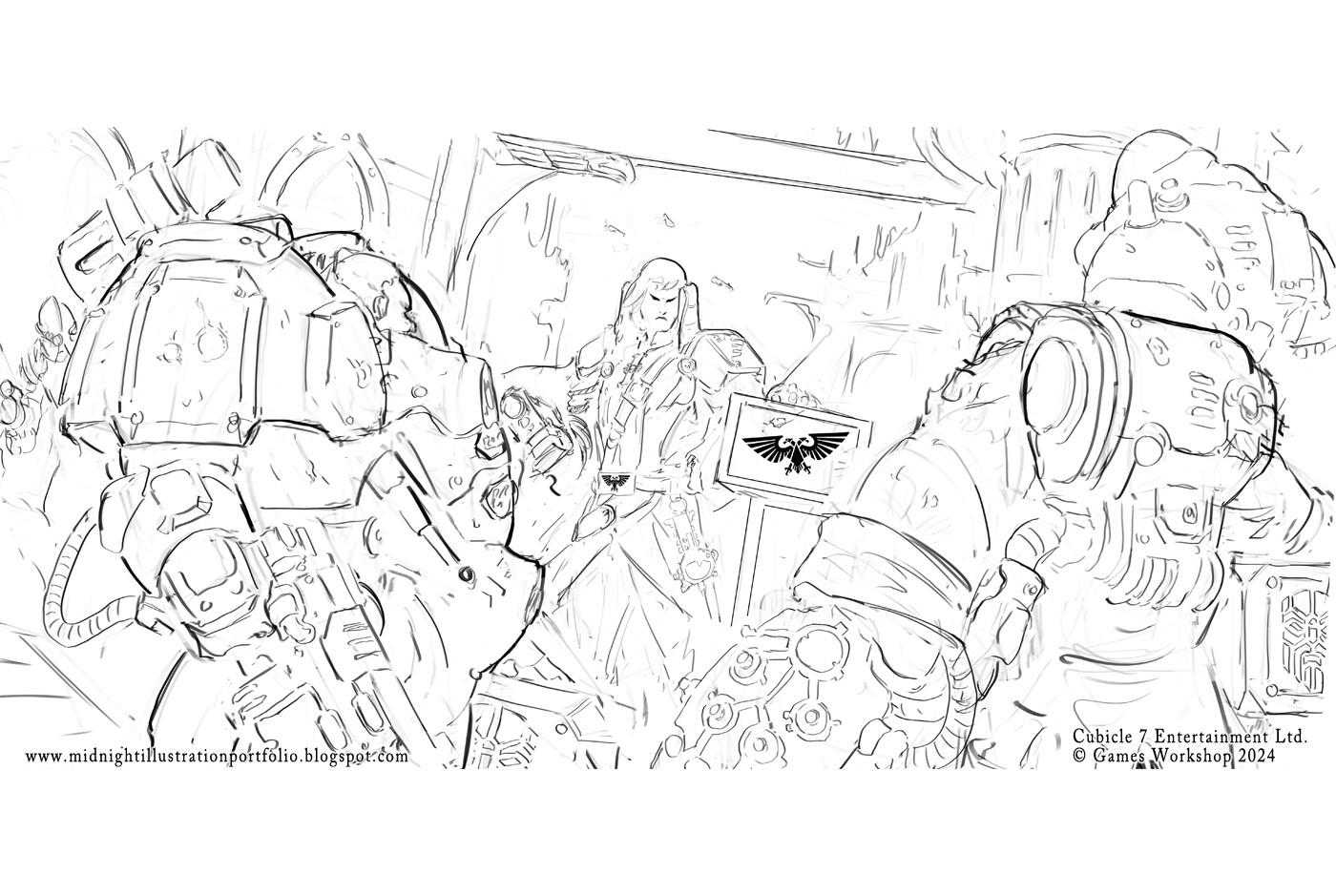 The linework for the Leagues of Votann and Inquisitor illustration