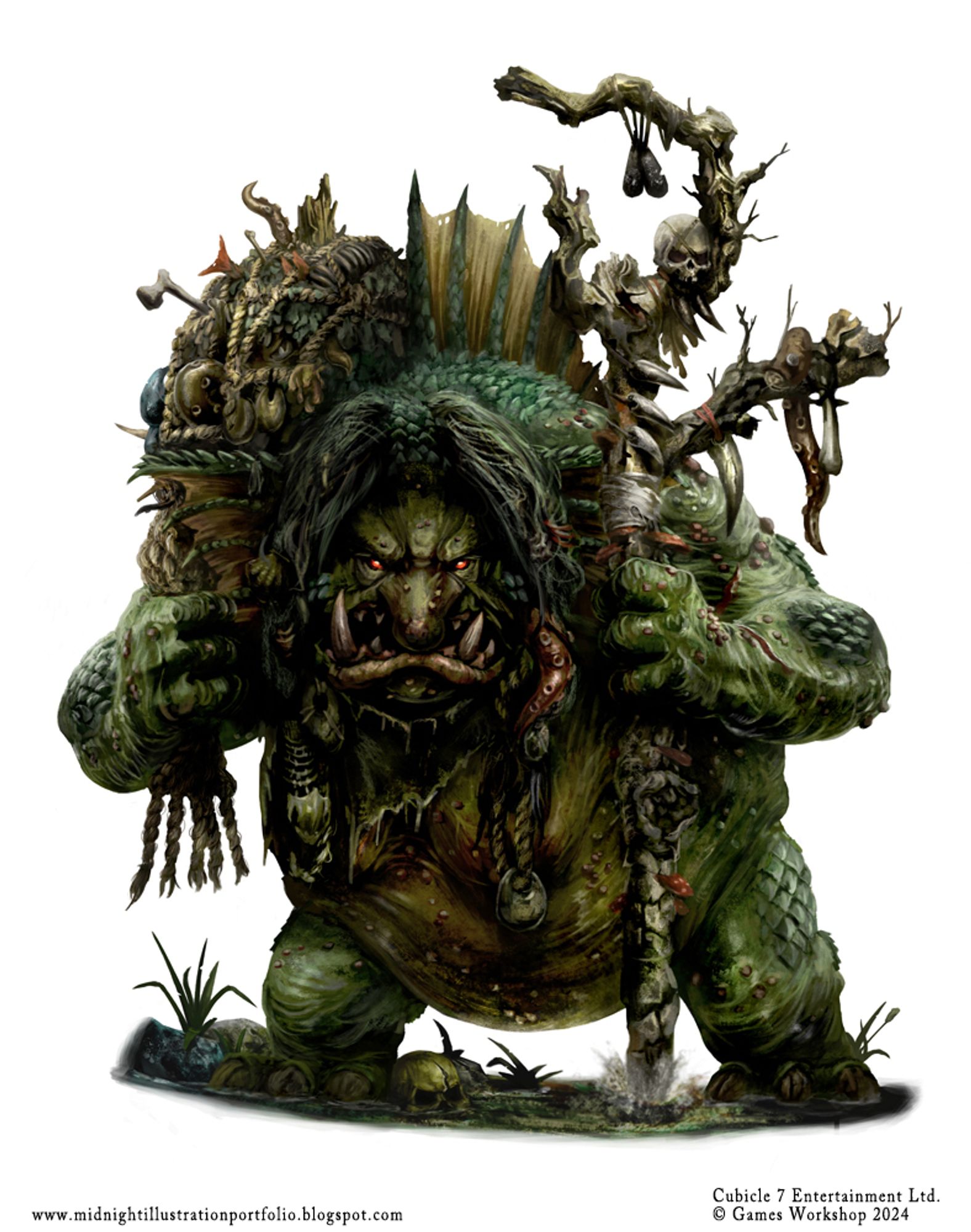 A large, rotund, scaly troll hag holds in one hand a net filled with bones, seaweed, wood, tentacles, and other detritus, and in the other hand she holds a twisted branch staff bedecked with skulls, horns, and talismans.