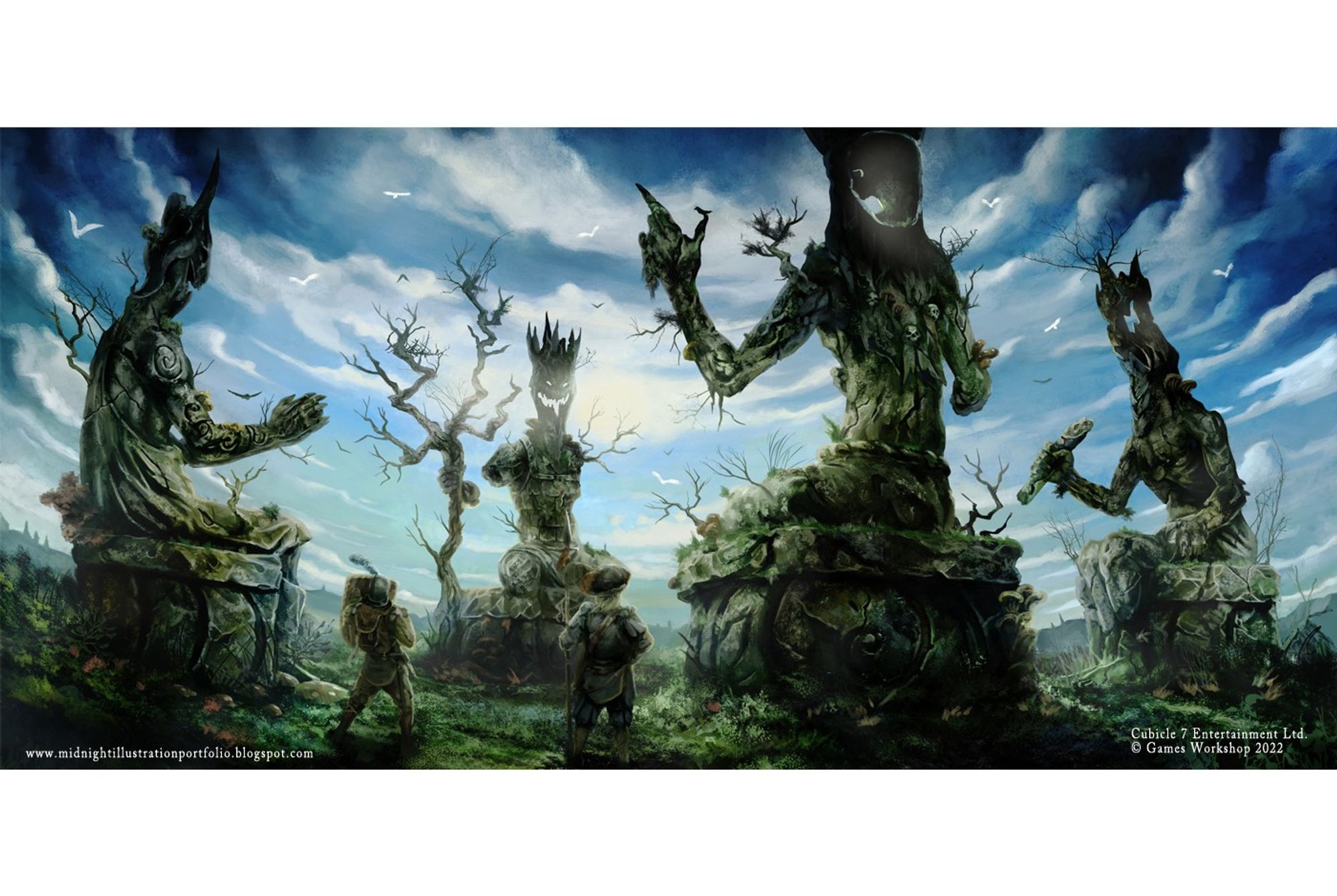 Two travellers are dumbstruck by the 4 strange, massive, somewhat hollow-headed statues. The states are arranged in a circle, staring inwards at each other in pairs. The sky is blue, open, and swirling.