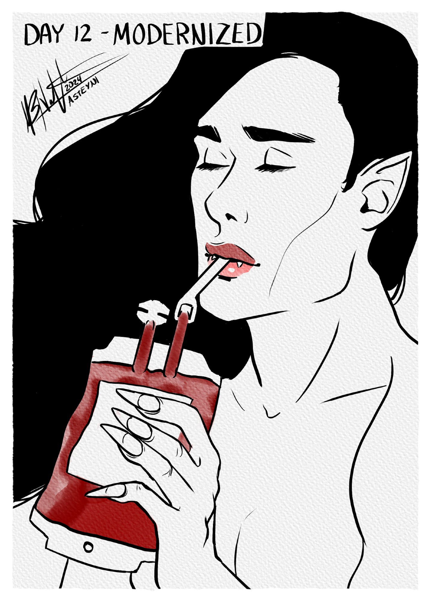 A digital ink and watercolor drawing of a vampire drinking majestically from a blood bag. It's titled "Day 12 - Modernized"