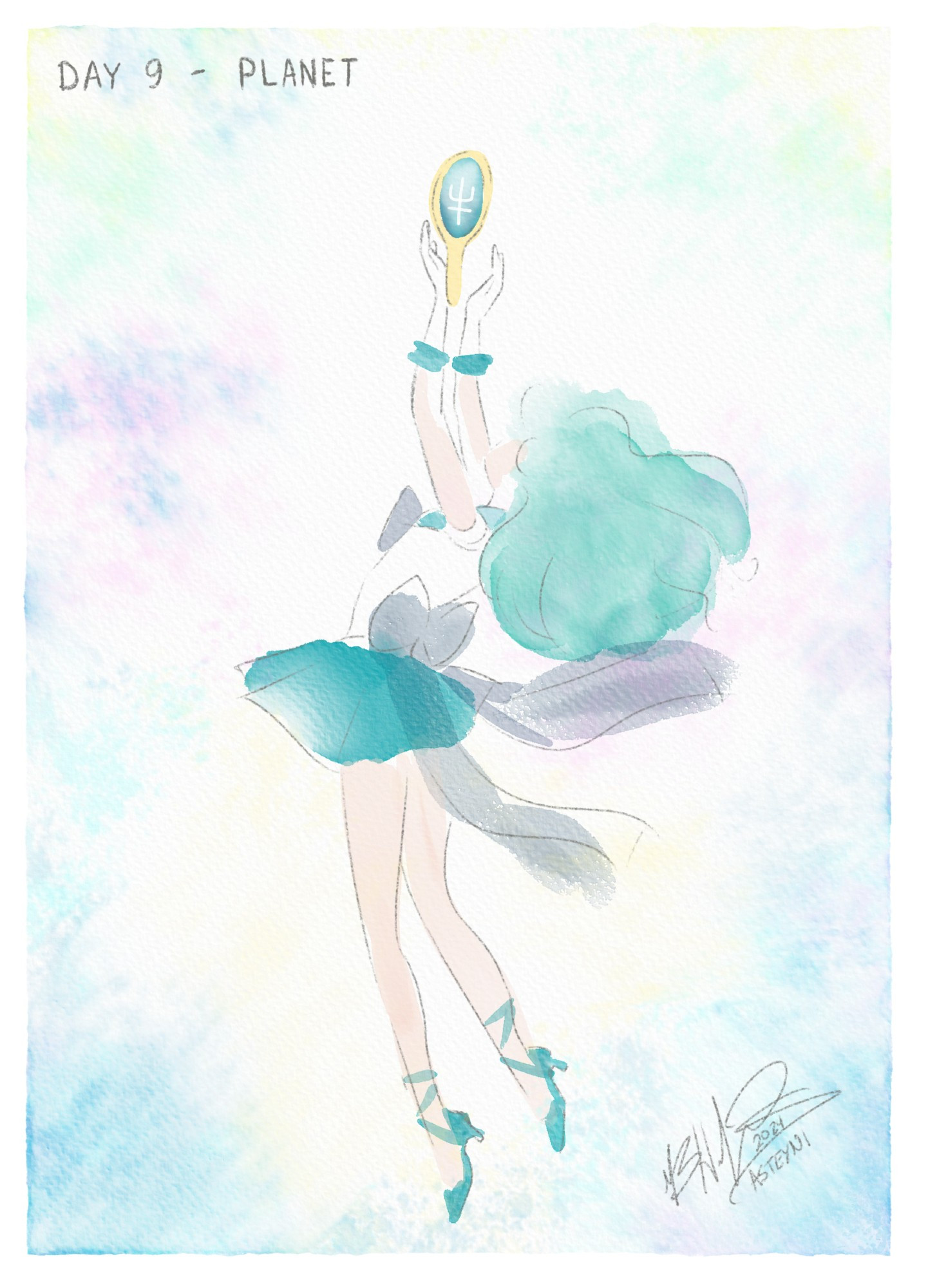 Sketchy digital watercolor painting of Sailor Neptune from Sailor Moon holding her mirror aloft.