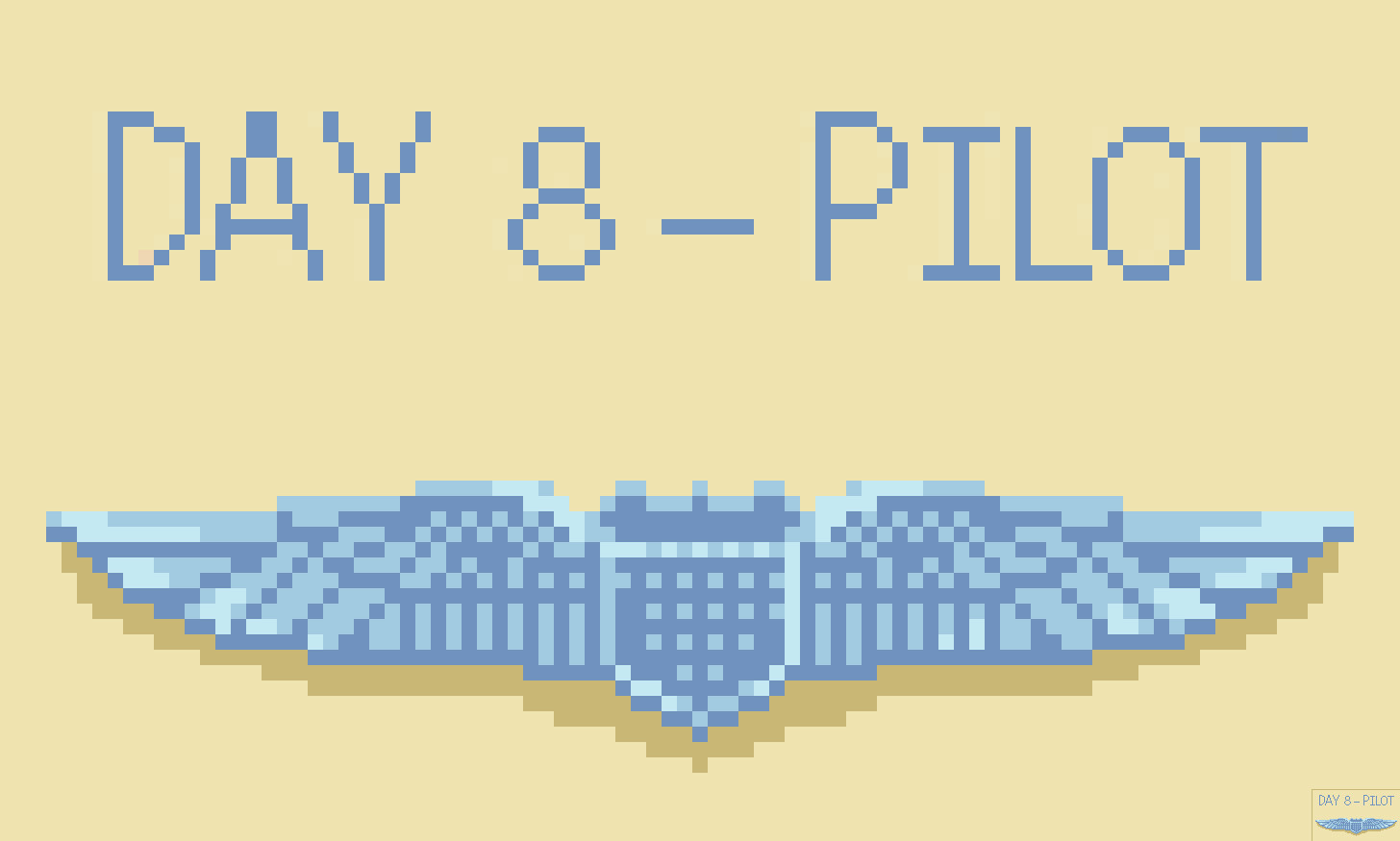 Pixel art of pilot wings with a shield in the center. Pale blue on a gold background.