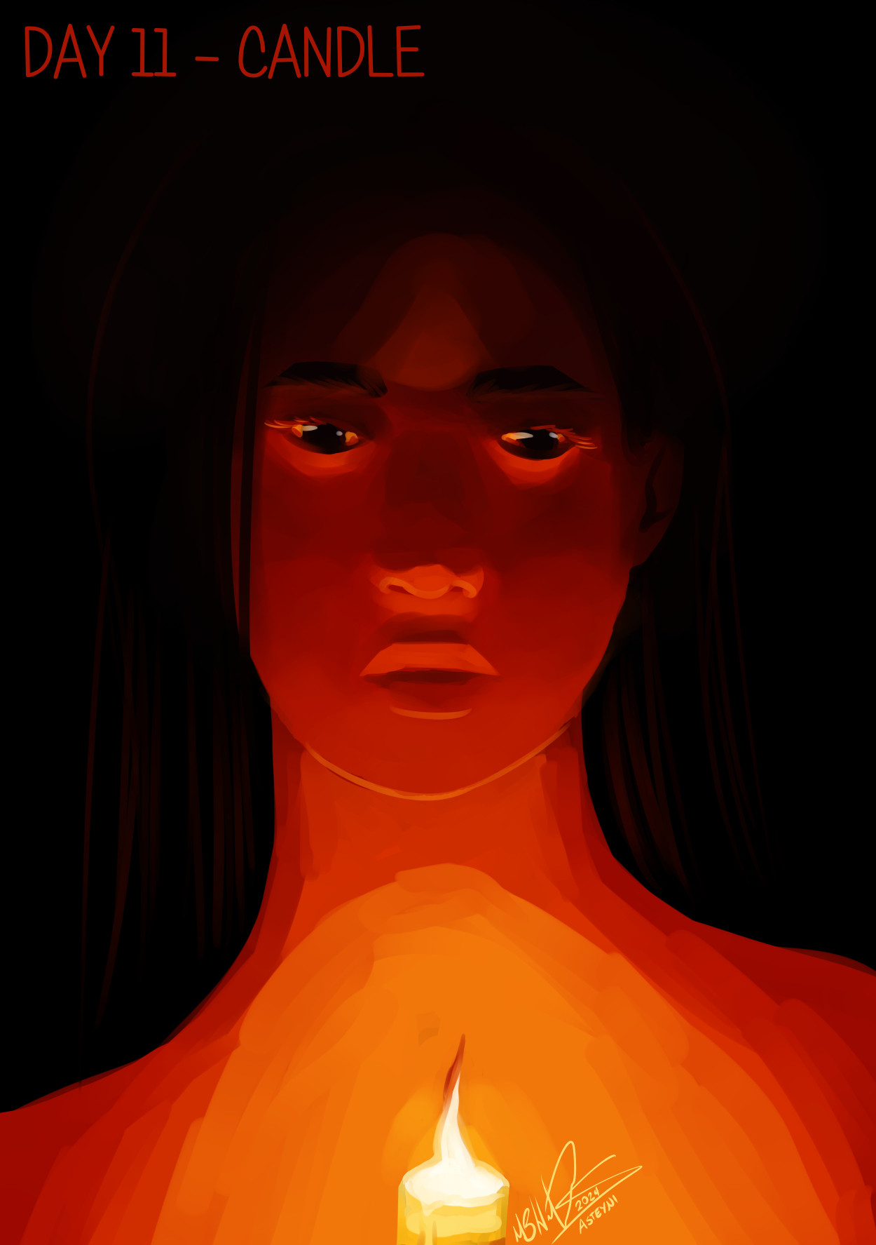 Digital painting of a person of ambiguous gender underlit dramatically by a candle. The palette is mostly red and orange with a deep black background and bright yellow/white highlights. It's titled "Day 11 - Candle"