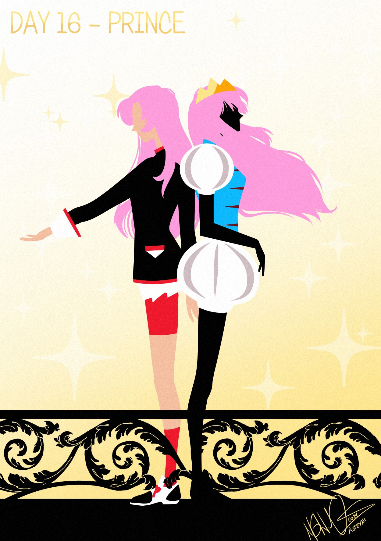 Digital art in a color blocked style of Utena from Revolutionary Girl Utena. It shows her two identities standing back to back, student on the left with her arm outstretched, and the shadow silhouette of Utena as the Prince on the right. It's titled "Day 16 - Prince"