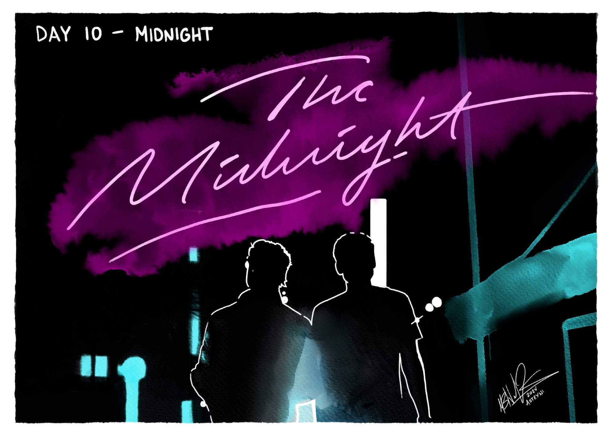 Digital watercolor painting of an album cover of The Midnight - Heartbeat. It's titled "Day 10 - Midnight".