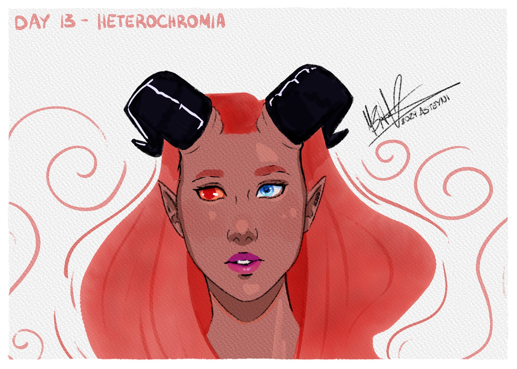 Digital pencil and watercolor painting of a tiefling with light reddish-brown skin, black horns, and a swath of red hair. She has one red eye with red sclera, and one blue eye with white sclera. It's titled "Day 13 - Heterochromia"