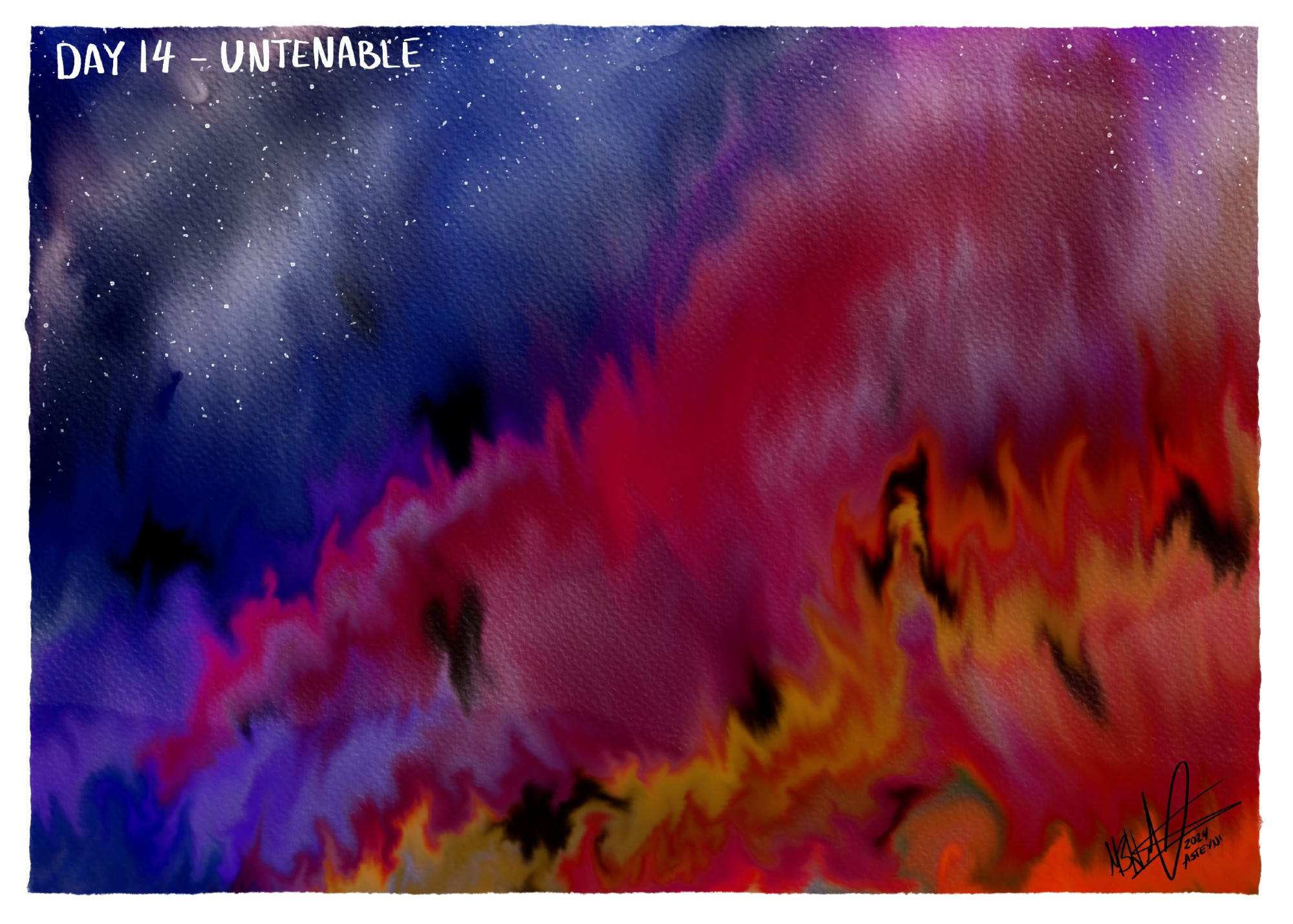 Abstract digital watercolor painting with primarily blue and red themes and hints of yellow and black. The colors on the canvas look like they're melting from top to bottom, almost suggesting a landscape in conflagration. It's titled "Day 14 - Untenable"