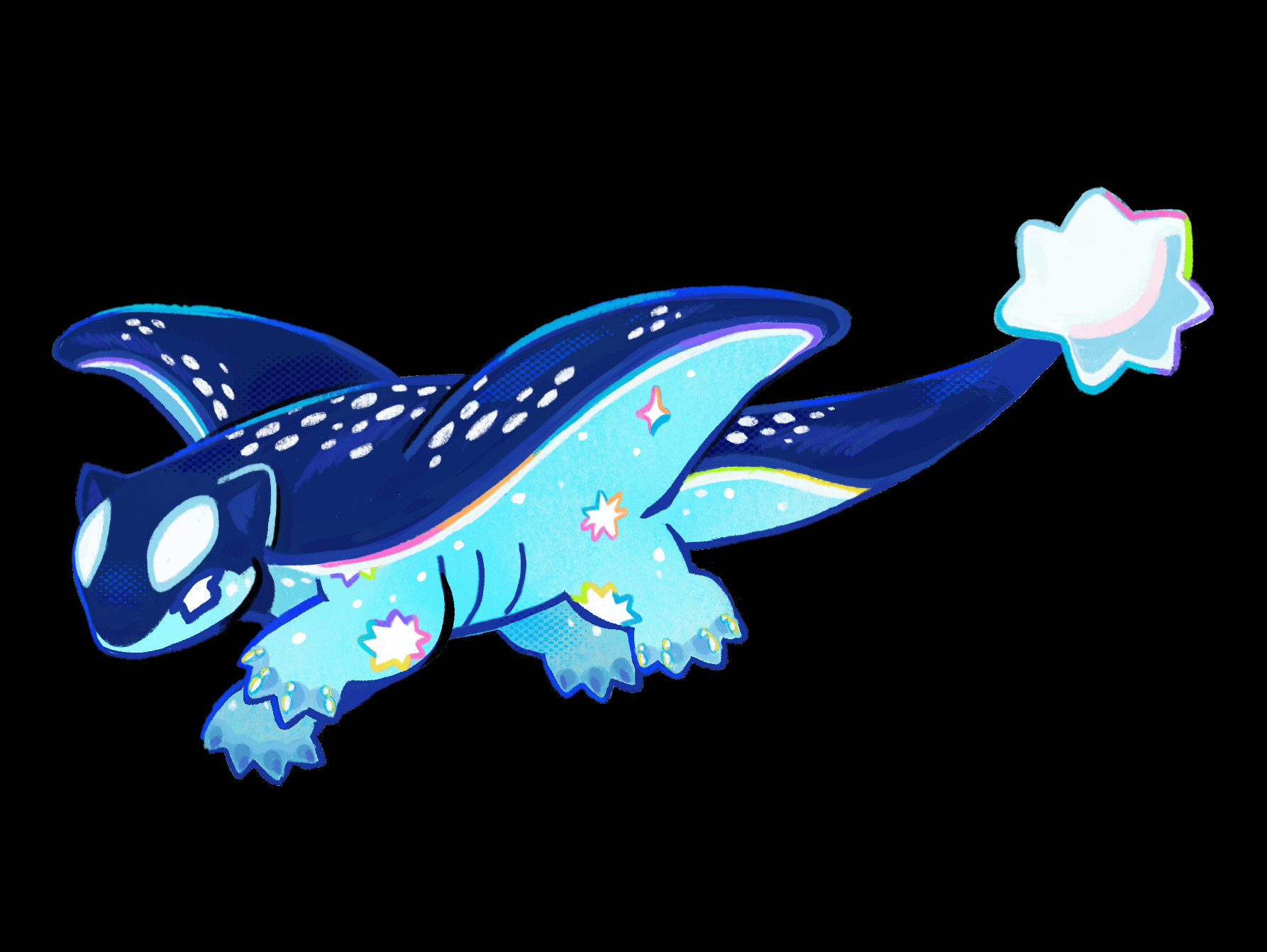 A drawing of a manta ray dragon on a transparent background. The dragon is blue and cyan with white and rainbow starry accents on it's belly.