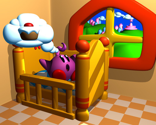 Promotional Kid Kirby artwork of Kirby in a crib thinking about cake.