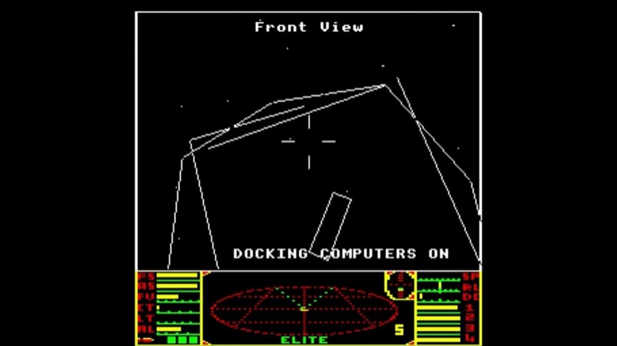 Screenshot from Elite on the BBC Micro showing the player attempting to dock at a space station. The game uses monochrome wireframe vector graphics with a 4 colour status panel