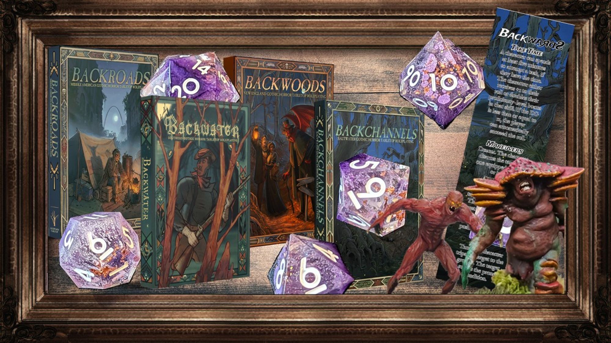 All four hardcovers plus available physical rewards, including dice, miniatures, and a quick-reference bookmark.