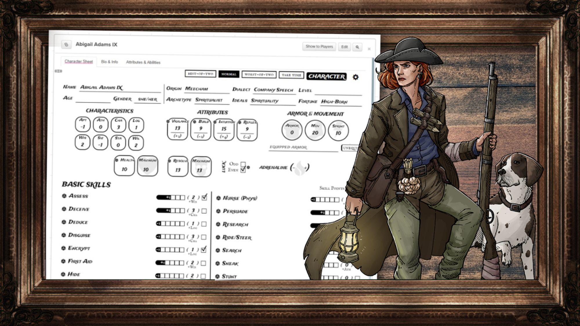 The sentinel character archetype of Backwoods, next to our Roll20 Character sheet