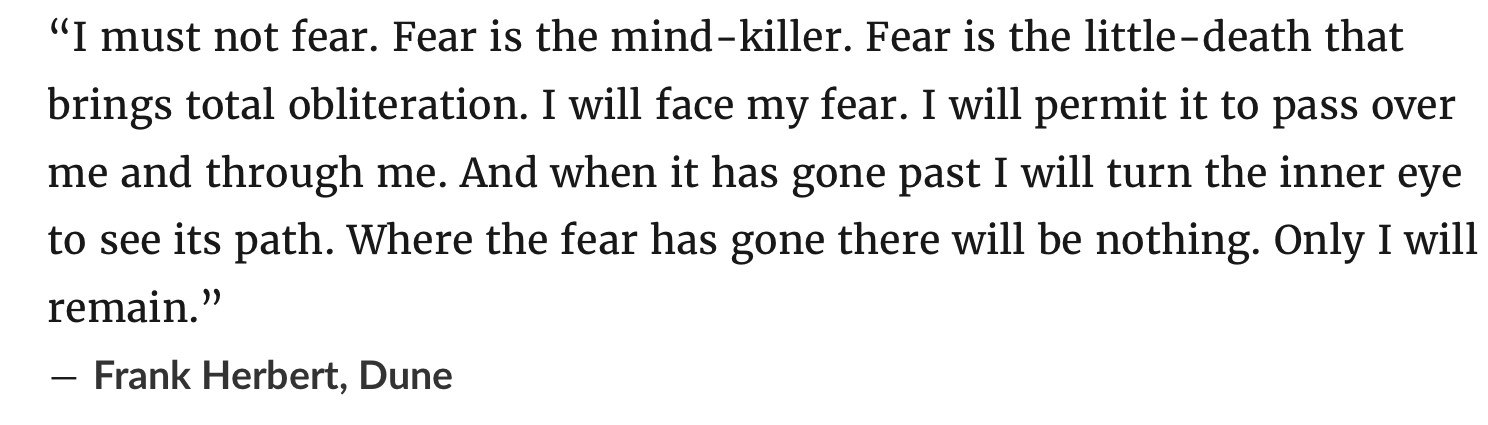 “I must not fear. Fear is the mind-killer. Fear is the little-death that brings total obliteration. I will face my fear. I will permit it to pass over me and through me. And when it has gone past I will turn the inner eye to see its path. Where the fear has gone there will be nothing. Only I will remain.” Quote from Dune