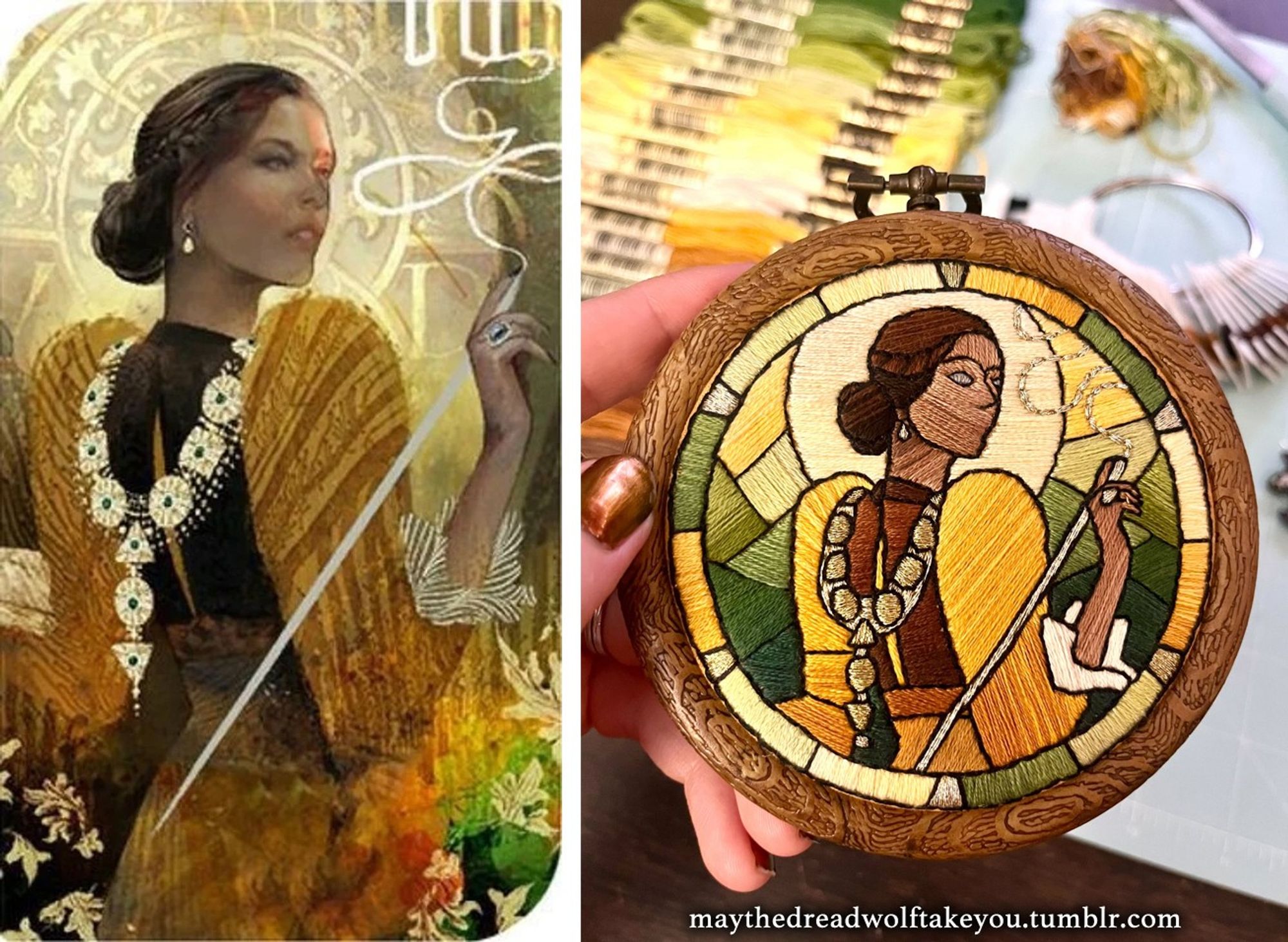 Side by side comparison of the original character art for josephine next to the finished embroidery