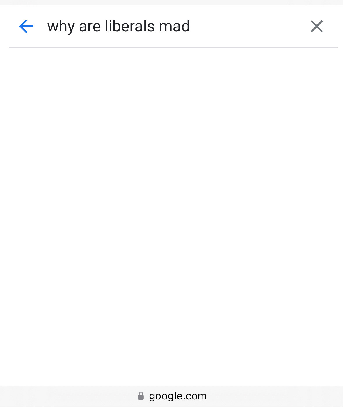 An unfinished Google search for “why are liberals mad” that returns a blank page where suggested searches would be