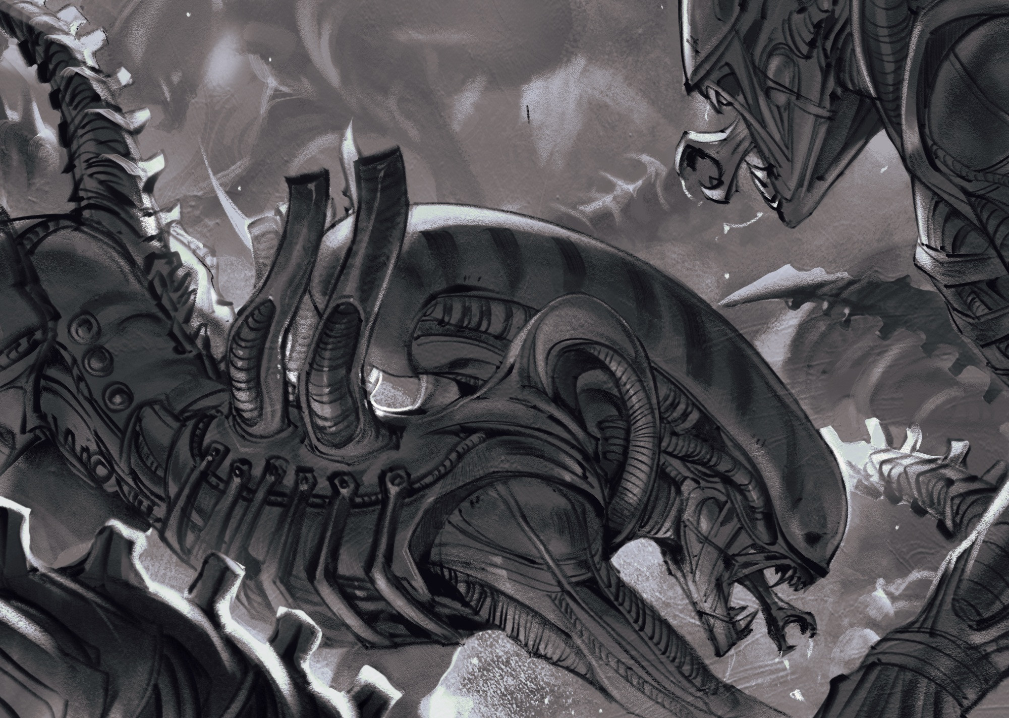 Painting of an alien lurking with a horde of other aliens.