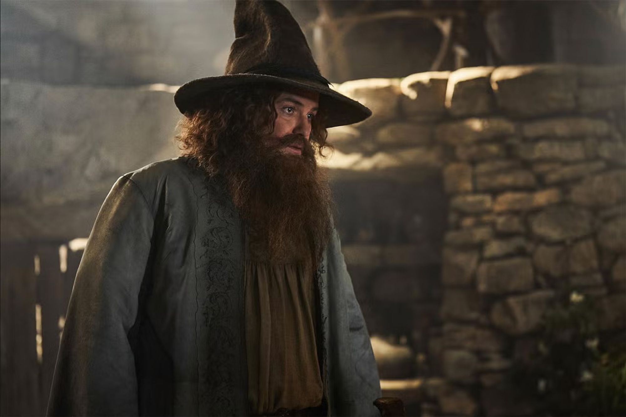 the dumb Tom Bombadil in a bad Hagrid Halloween costume from The Rings of Power