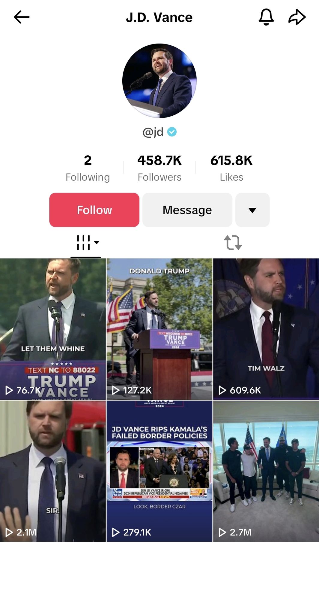 Jd Vance's tiktok account. It has no bio. There are 6 videos, the "we'll use it on the airplane" one, a news hit, and 4 rally clips. The thumbnail on the first video says "let them whine", super normal stuff