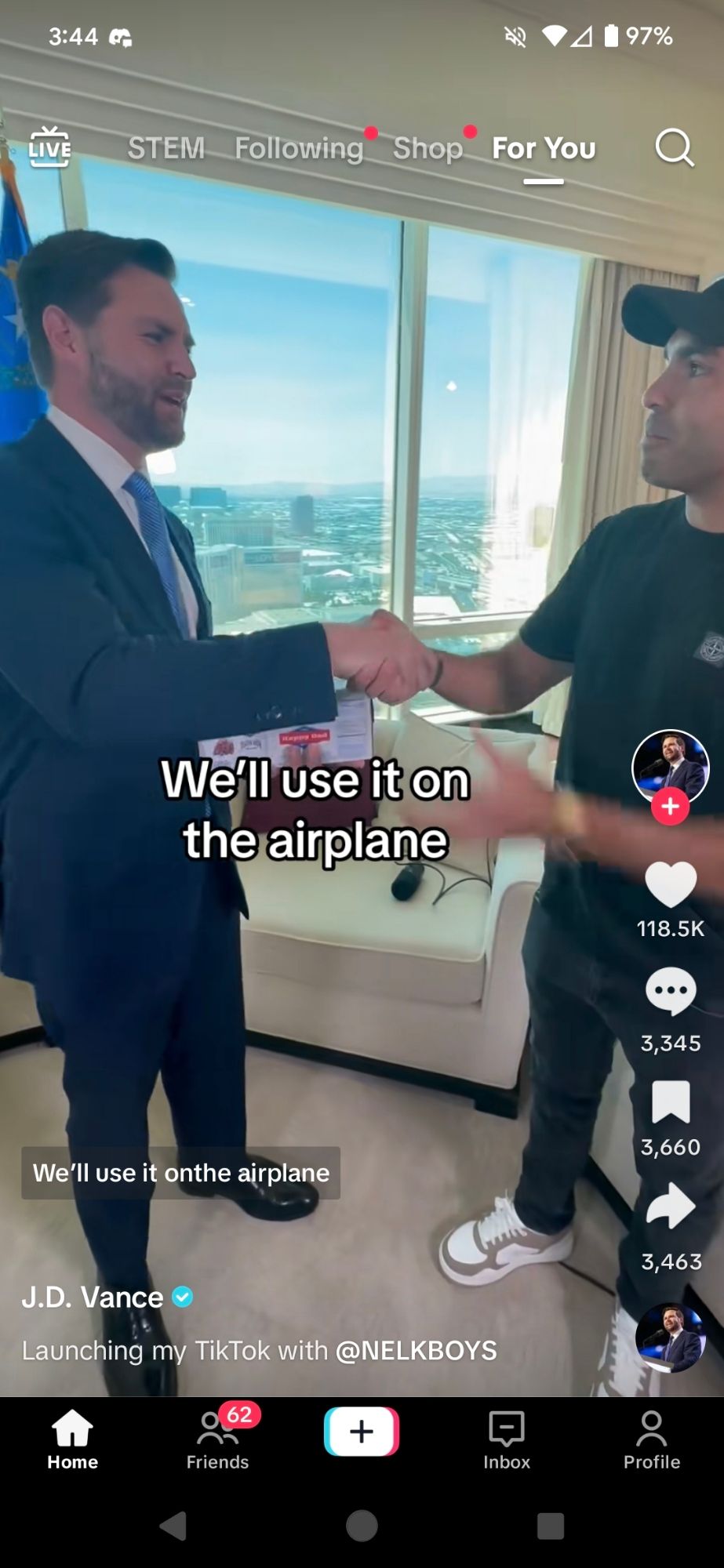 A photo of JD Vance shaking hands with a Podcaster. He is holding a pack of hard seltzer. The caption reads "we'll use it on the airplane"