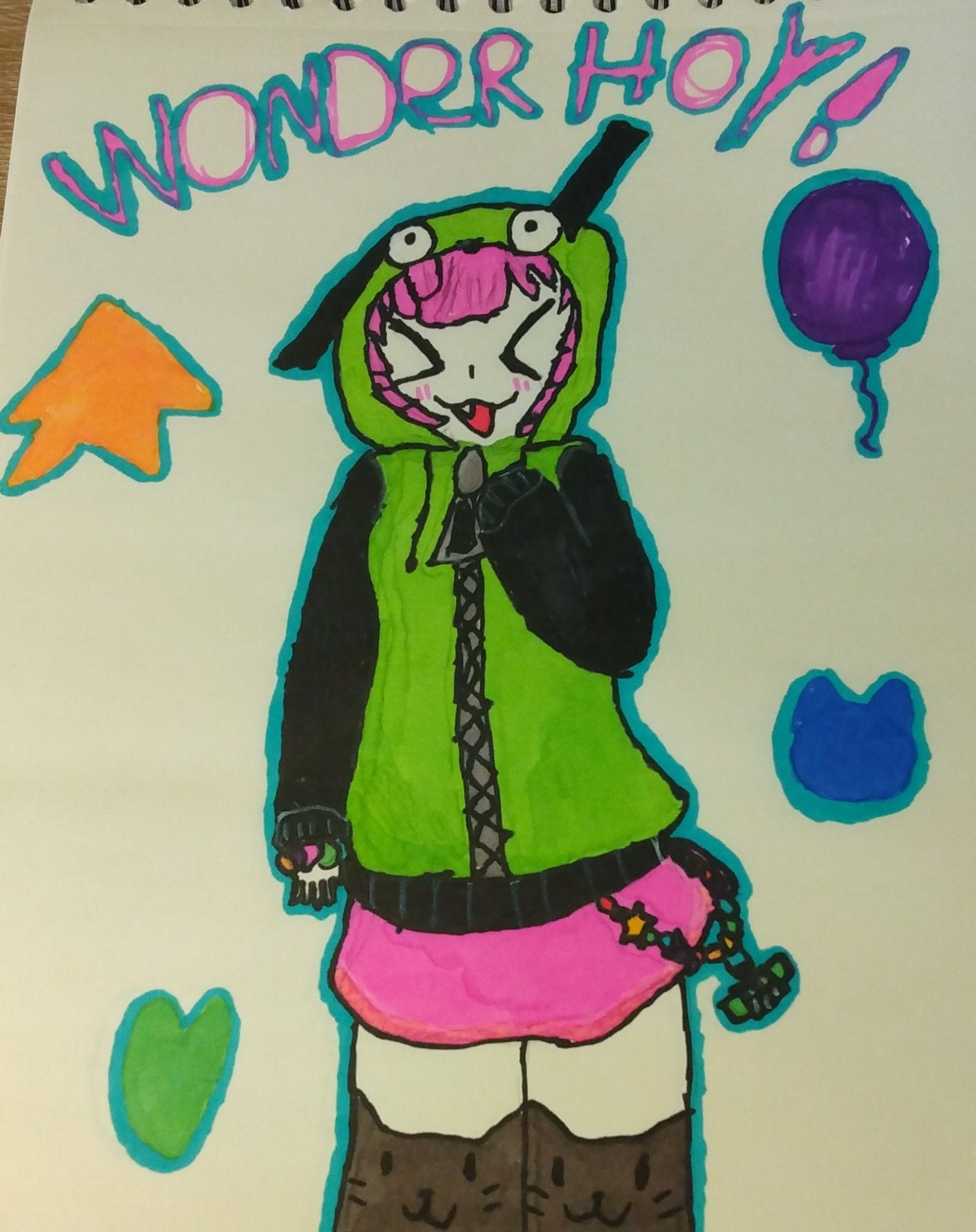 Emu wearing a gir hoodie and Nyan cat skirt and socks, kandi bracelet and chain with a green robot (for Nene) yellow star (tsukasa) purple balloon (Rui) Green heart (Nene again) blue cat (Miku and KAITO) with text Wonderhoy!! Above Emu