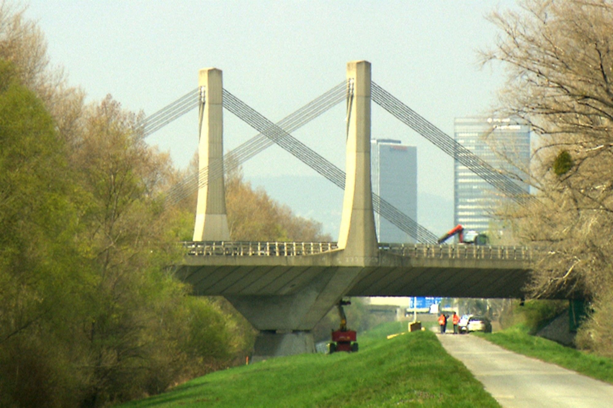 Ansicht einer Schrägseilbrücke, bei der zwei Stützen, eine vorne eine hinten, zu sehen sind. Die schrägen Seile kreuzen sich optisch im Bereich zwischen den Stützen.