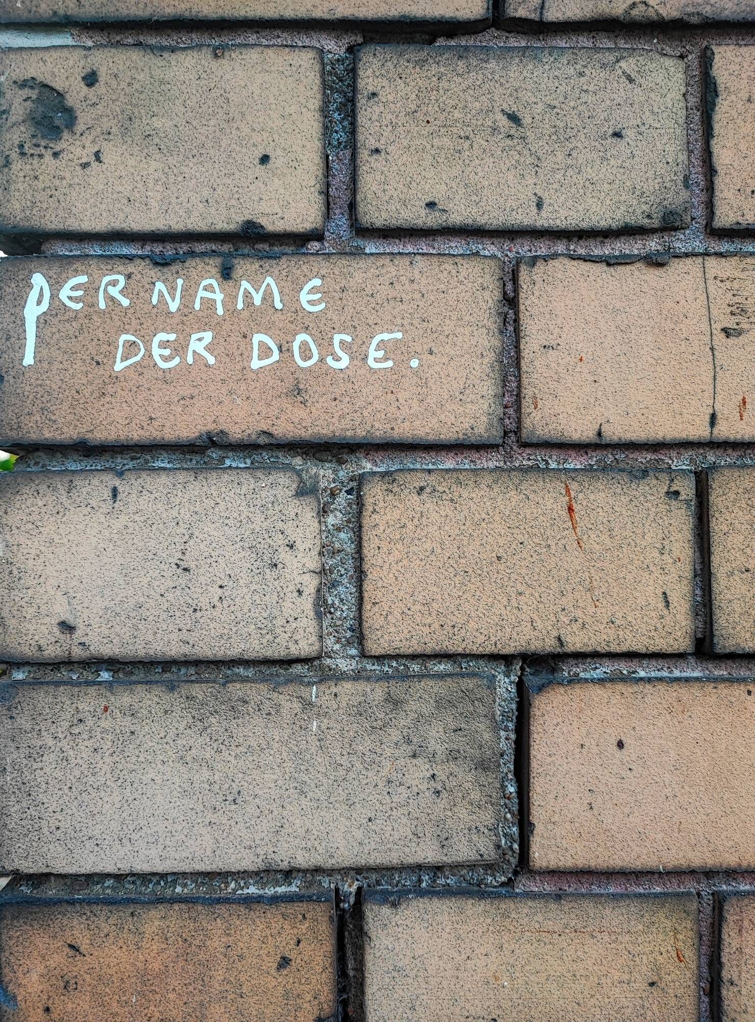 Hochformat. Ausschnitt einer Mauer aus gelblichen Backsteinen mit grauen Fugen. Auf einem Backstein im linken oberen Drittel steht in weiß: "DER NAME DER DOSE".