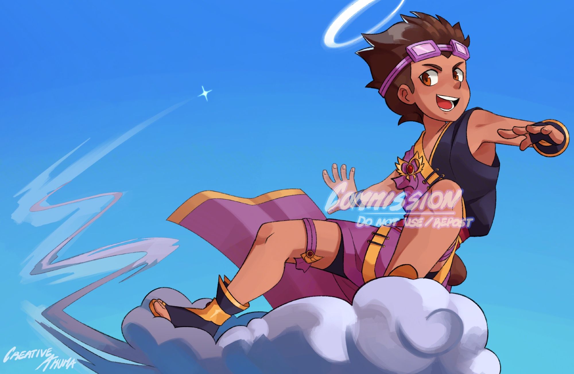 Commissioned work of the original character “Thundah Strike”, a boy with brown hair wearing purple goggles and a halo over his head, riding on a cloud. Cloud streaks are coming from the cloud originating from a small star on the sky blue background.