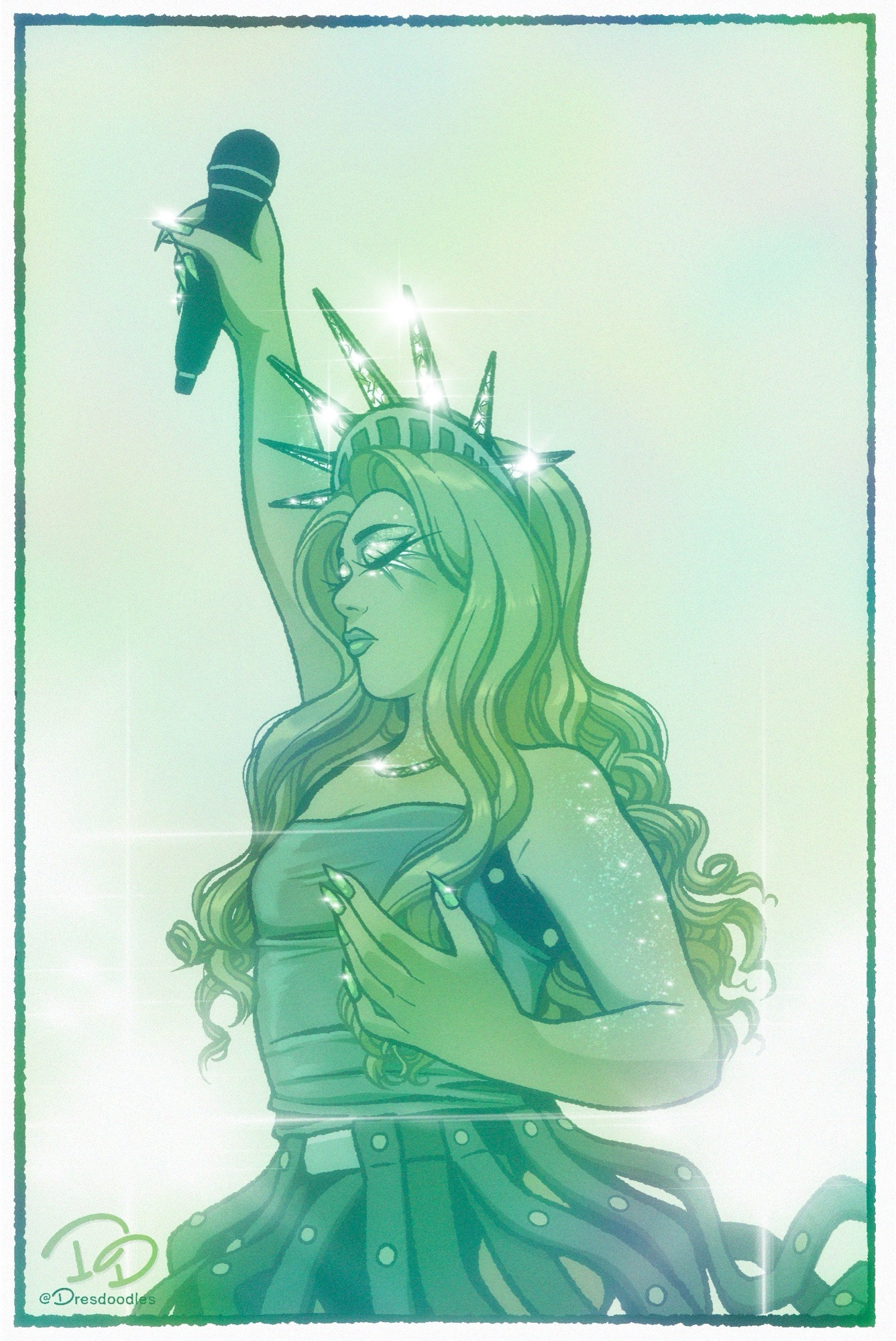 An illustration of Chappell Roam dressed and posed as the Statue of Liberty from her performance at the Governors Ball. She is all green with a glimmering crown holding her microphone instead of a torch in the air