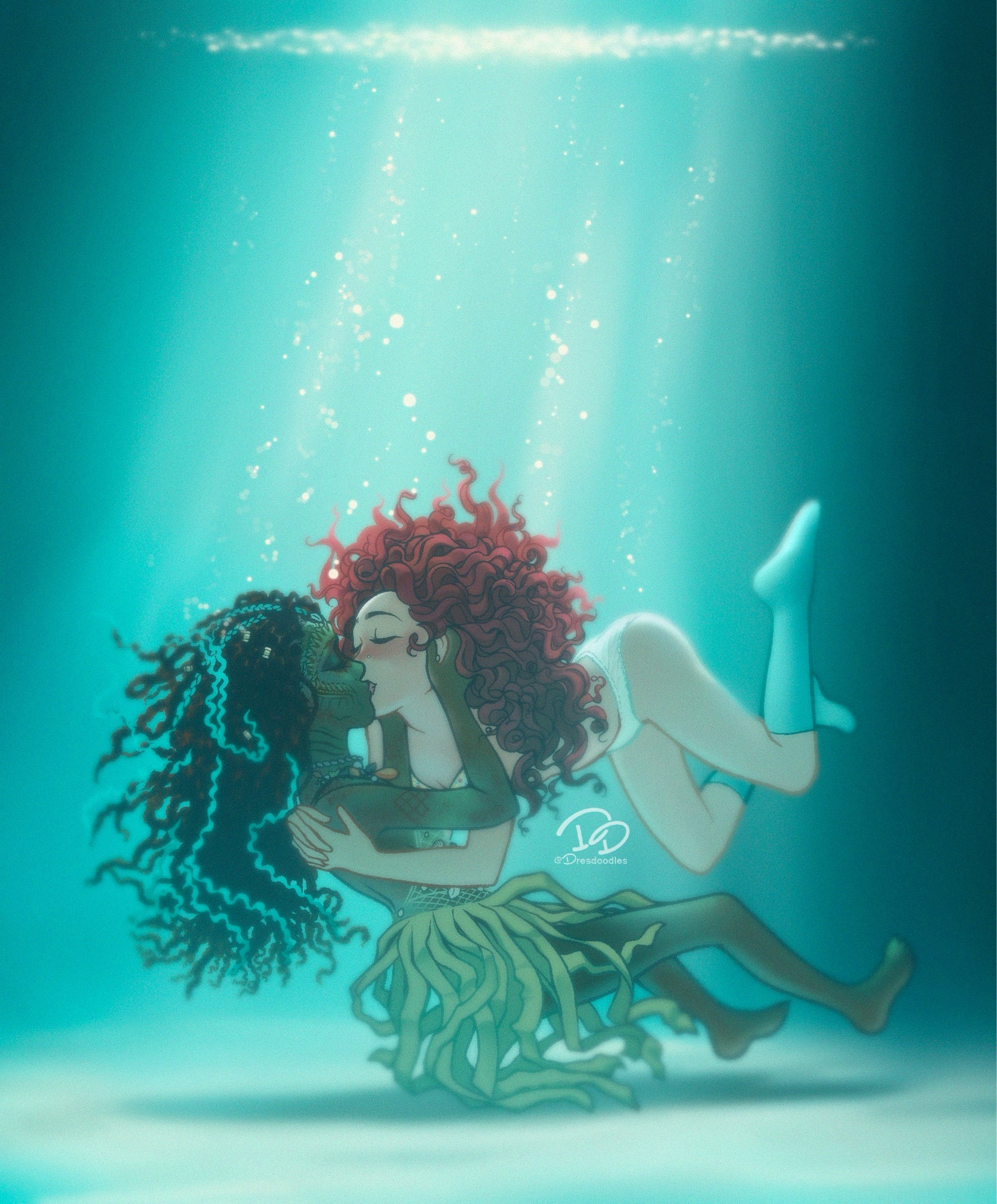 Chappell Roan and Mika Lesha from the Casual music video. They’re kissing and holding each other underwater, bathed in light above the pool. Their curly hair and locks are floating up and around their heads.