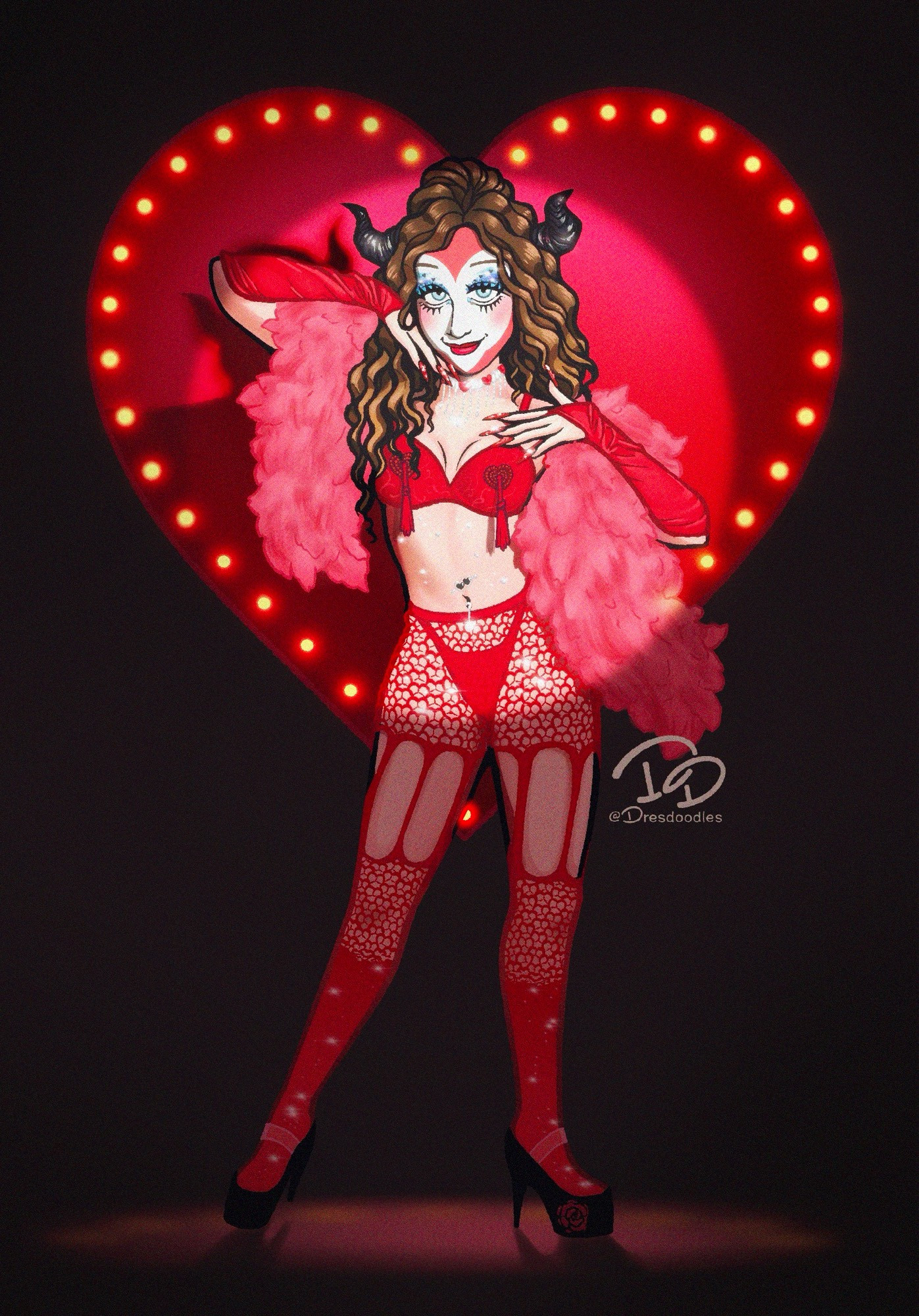 Chappell Roan from her Kink is Karma music video. She’s standing against a heart shaped backdrop bordered with yellow carnival lights. She has dark horns on her head and a pink feather boa wrapped around her shoulders. Her face is white with a red heart shaping it and she is wearing hot red burlesque lingerie and heels.