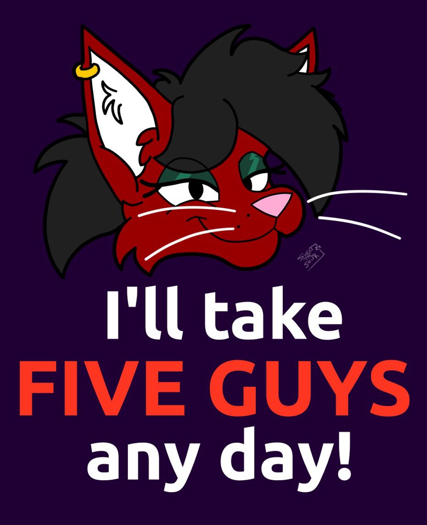 Red anthro cat looks at the viewer with bedroom eyes, under her is the words "I'll take FIVE GUYS any day!" in English.