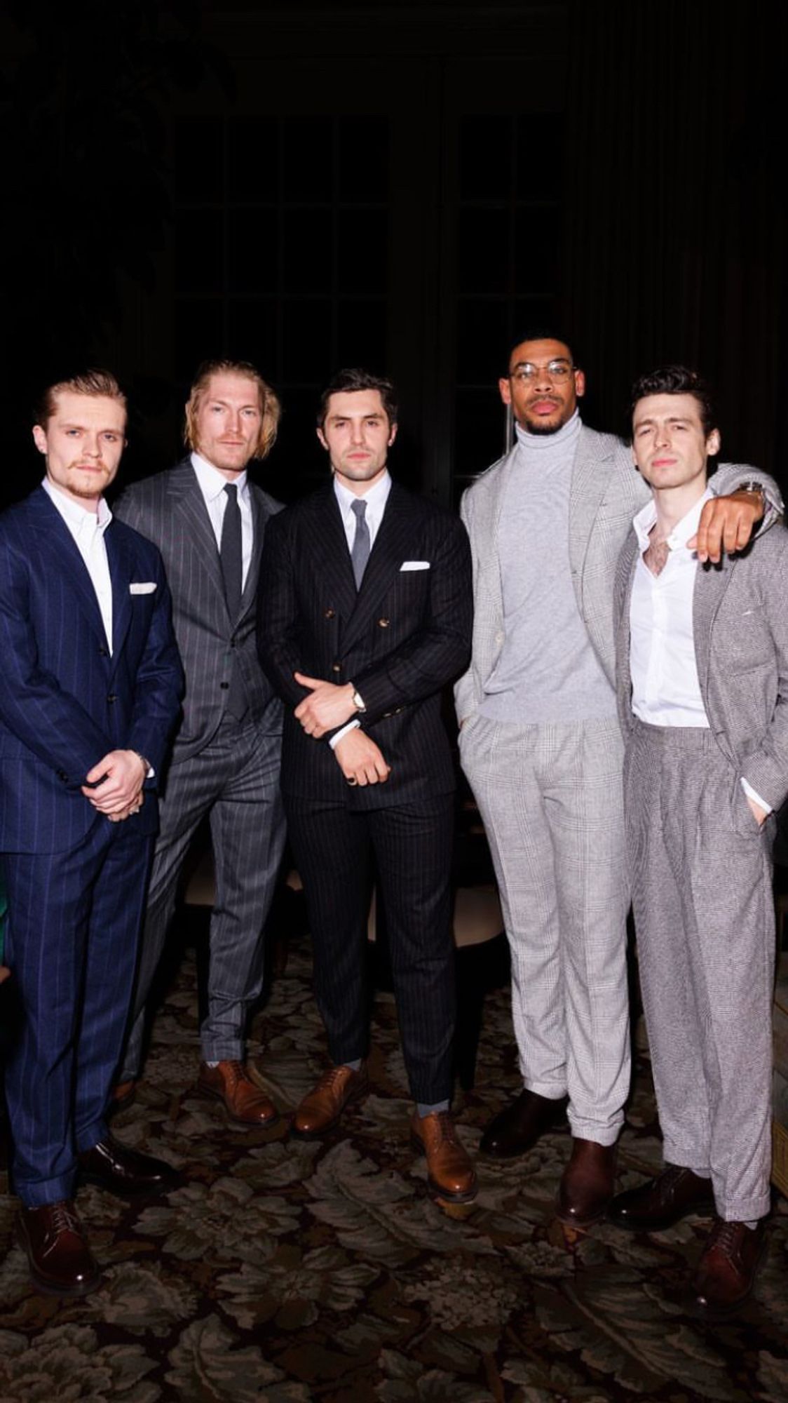 Tom Glynn-Carney with Harry Goodwins, Phil Dunster, Aaron Pierre and Anthony Boyle at the Brunello Cucinelli pre BAFTA dinner.