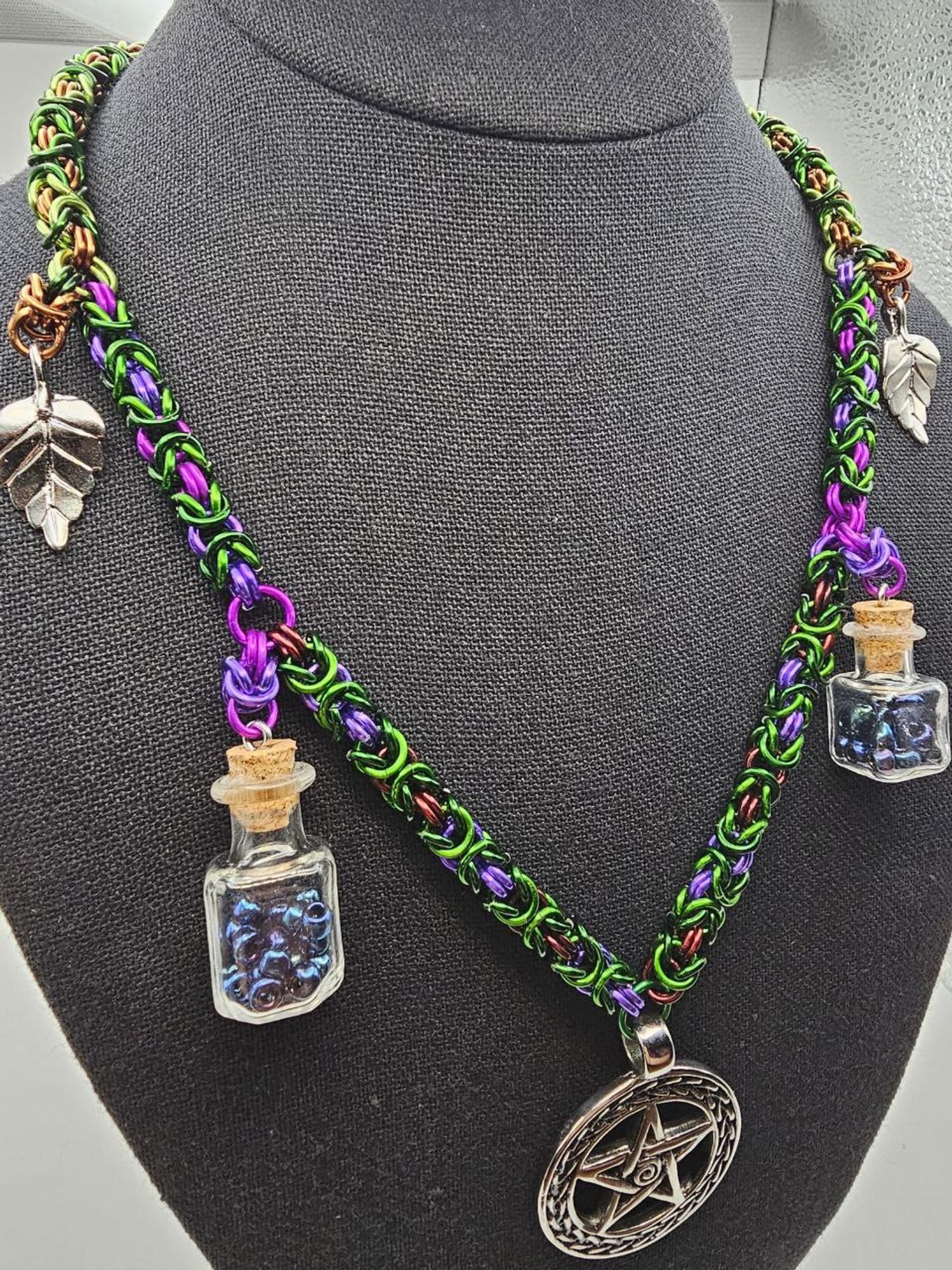 Pagan forest witch themed byzantine necklace. Wiccan pendant, small hand made potion bottles with midnight blue beads and silver leaf charms