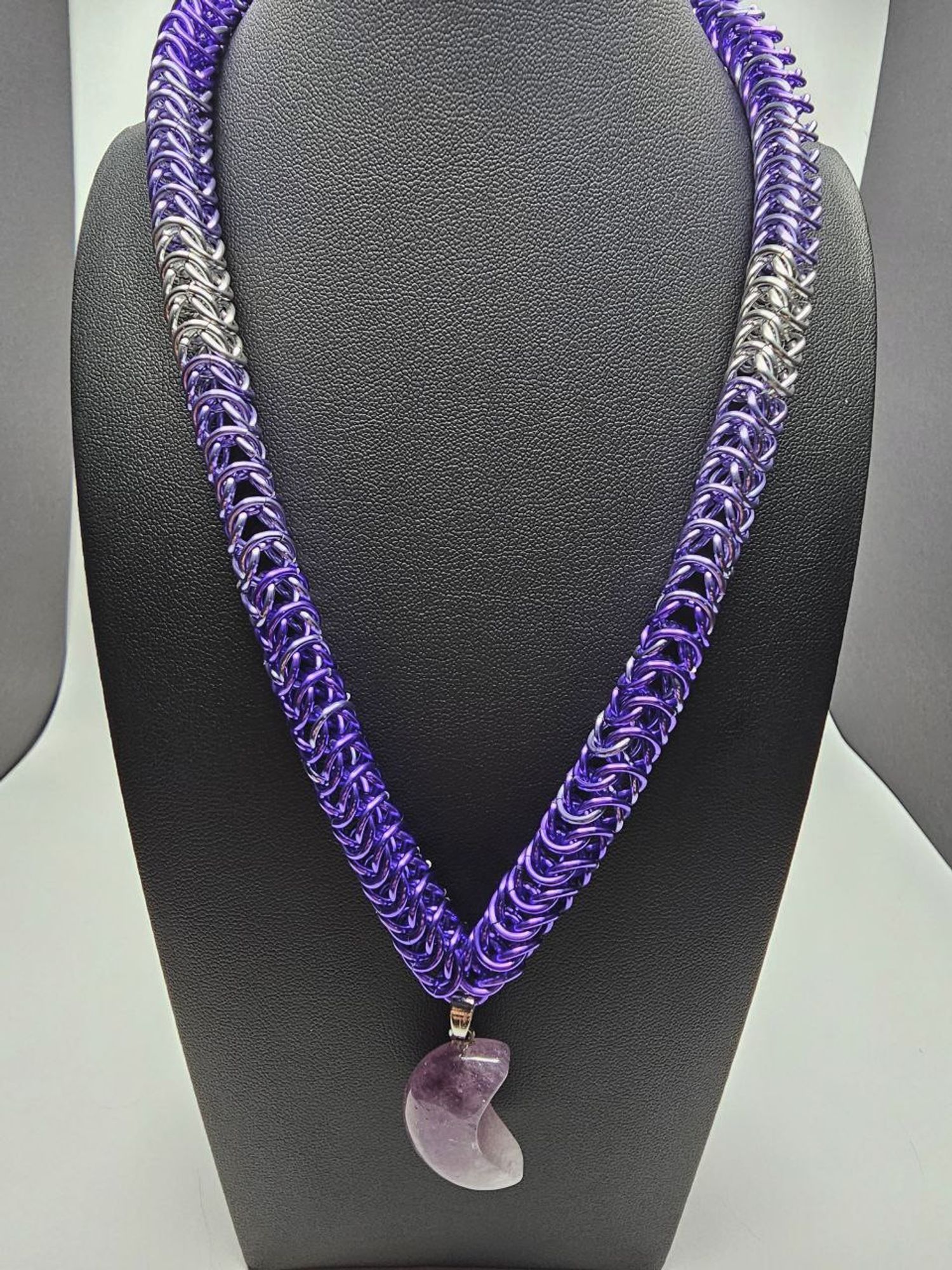 Purple, lavender, and silver fade box weave necklace with purple crescent moon pendant.