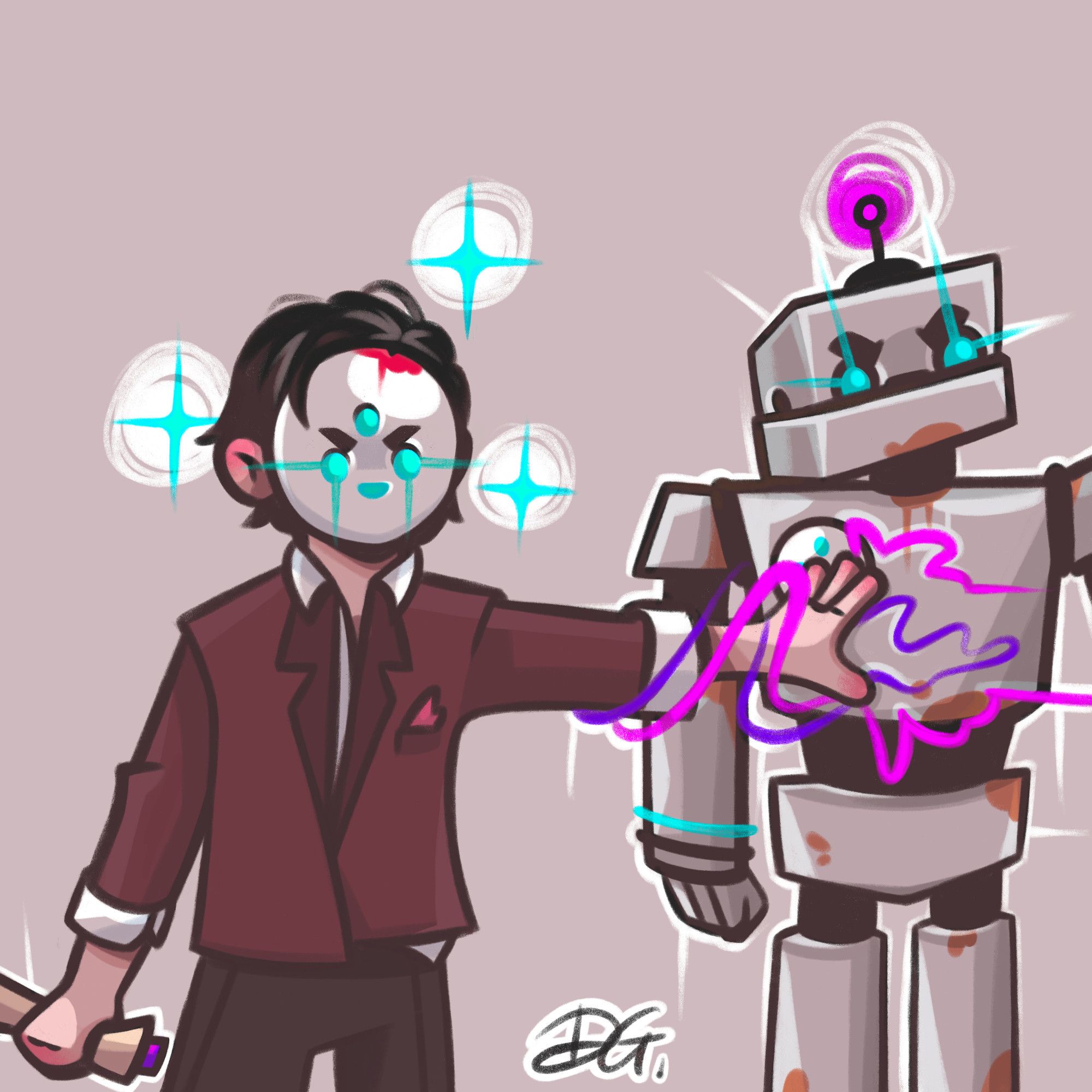 A drawing of the synergy between a person and a robot with a truly powerful and magical force.