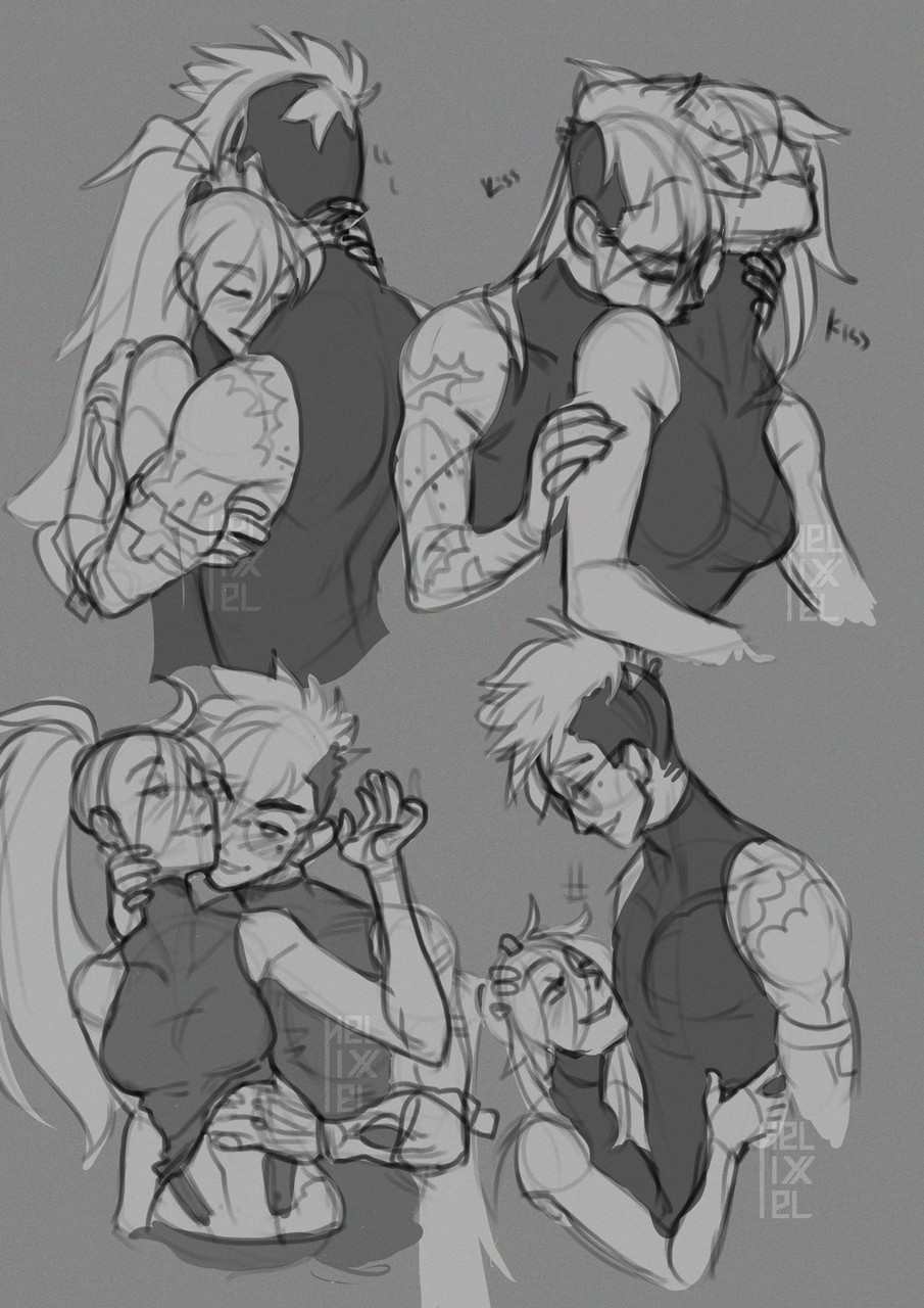 four waist up sketches of the pair, she hugs him, he kisses her neck, another sketch where he lifts up her shirt from the bottom, and the last sketch she seems to be dropping to the floor with a smirk on her face