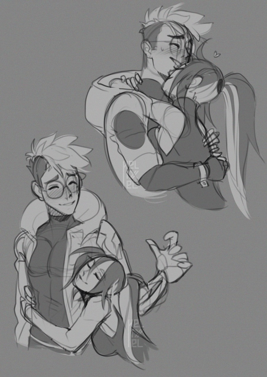 Two sketches of my trigun oc and vash the stampede from Trigun Stampede. Top right is a bust of them hugging, Vash looks bashful while she hugs him. Bottom left she hugs his waist while he smiles and blushes